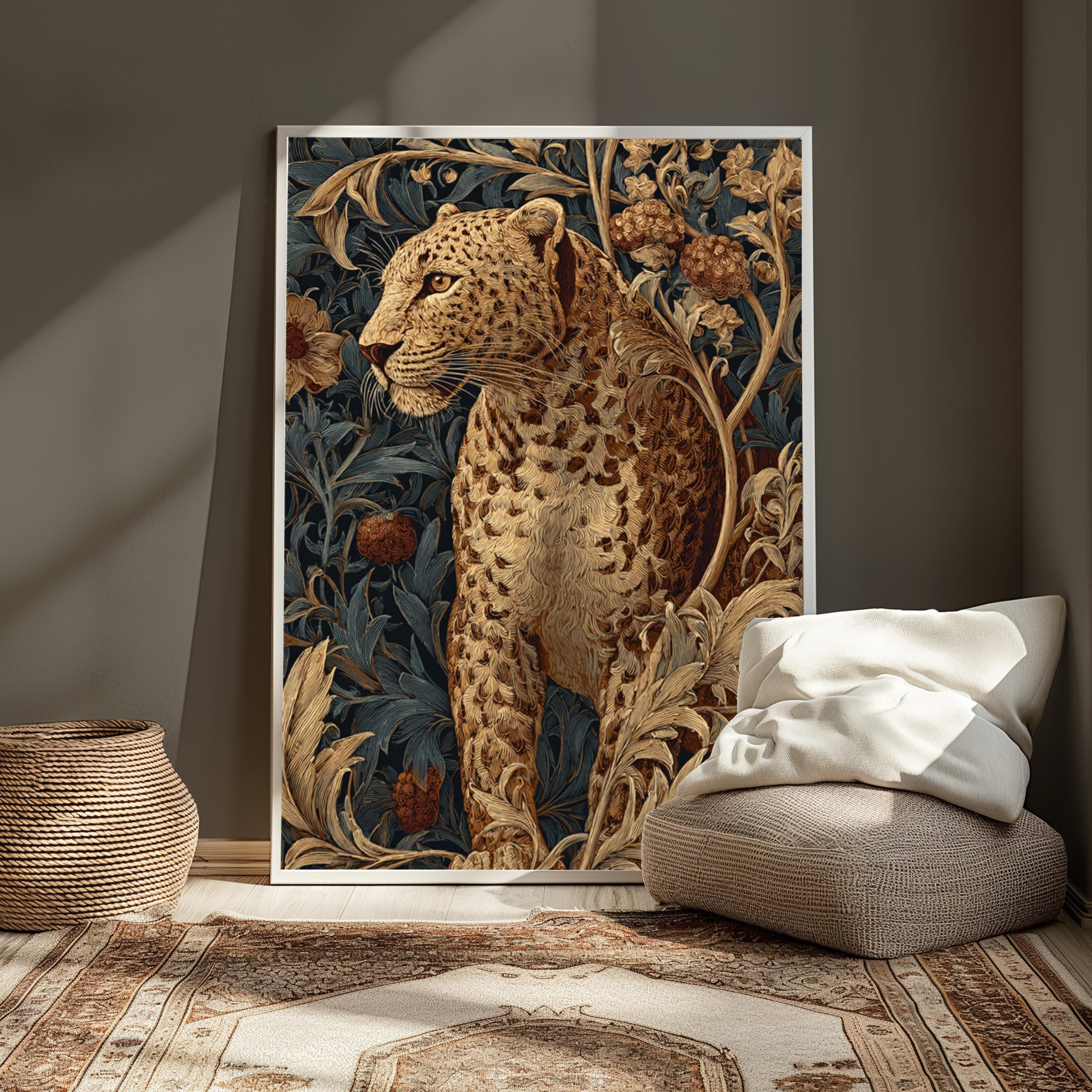 Leopard in Jungle Wall Art, Vintage Botanical Canvas, Tropical Safari Animal Decor, Elegant Home Accent, Gift for Wildlife Lovers