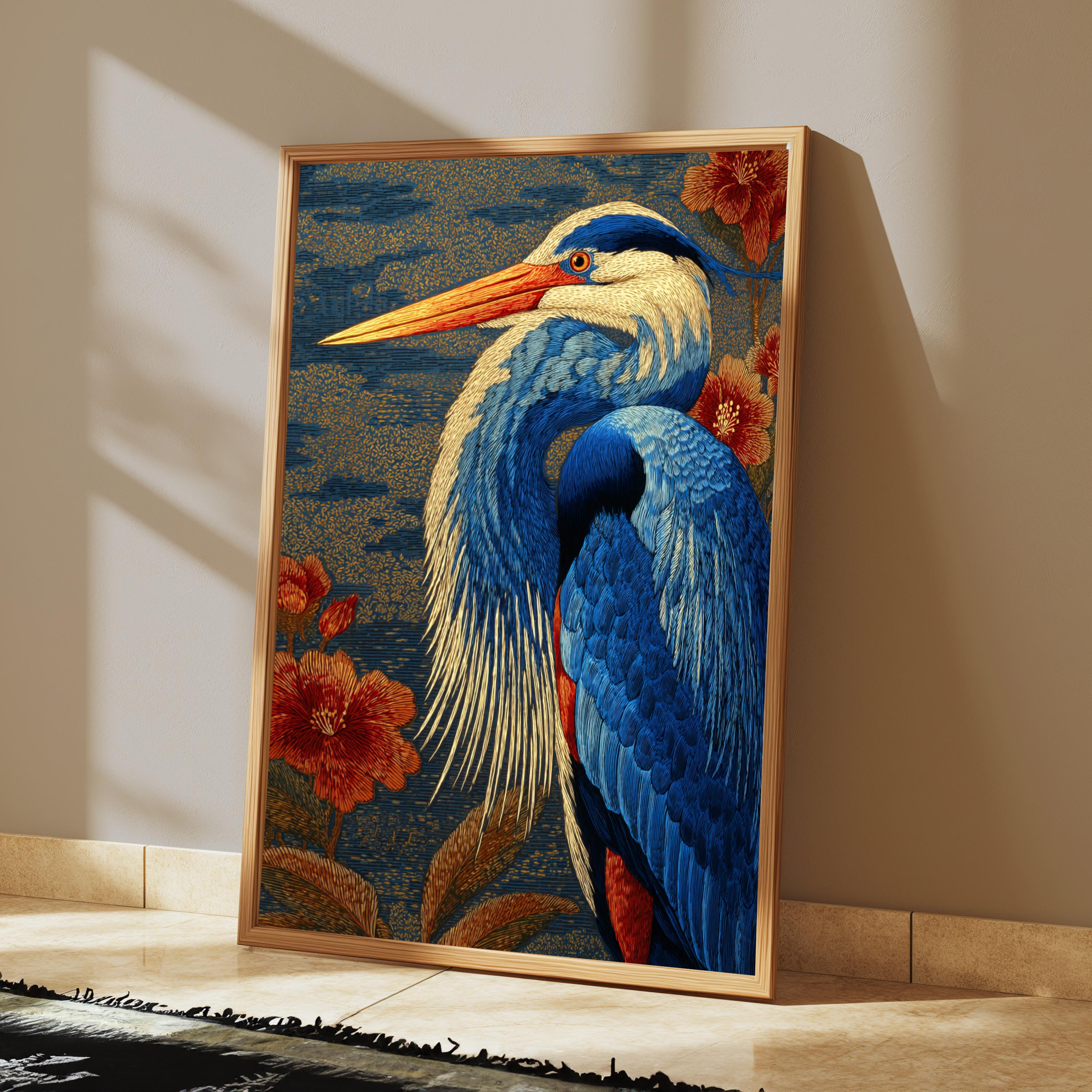 Great Blue Heron Wall Art, William Morris Style Canvas, Botanical Bird Nature Decor, Elegant Home Accent, Gift for Bird Lovers