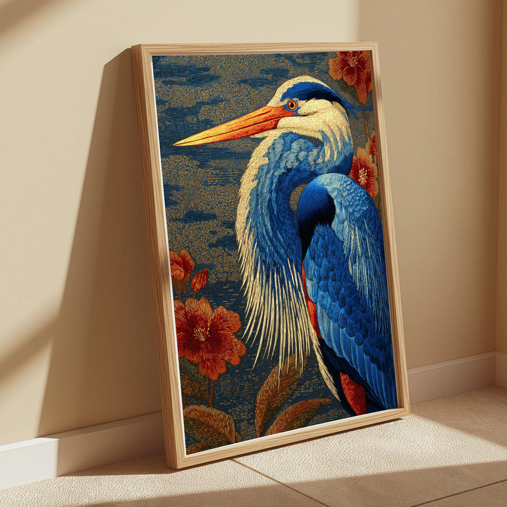 Great Blue Heron Wall Art, William Morris Style Canvas, Botanical Bird Nature Decor, Elegant Home Accent, Gift for Bird Lovers