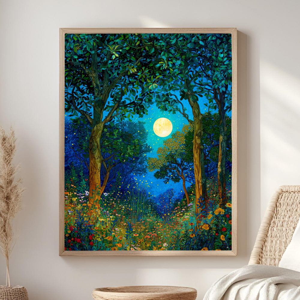Mystical Forest Wall Art, William Morris Style Canvas, Full Moon Wildflower Meadow Decor, Enchanted Nature Scene, Gift for Nature Lovers