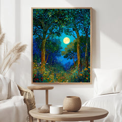 Mystical Forest Wall Art, William Morris Style Canvas, Full Moon Wildflower Meadow Decor, Enchanted Nature Scene, Gift for Nature Lovers