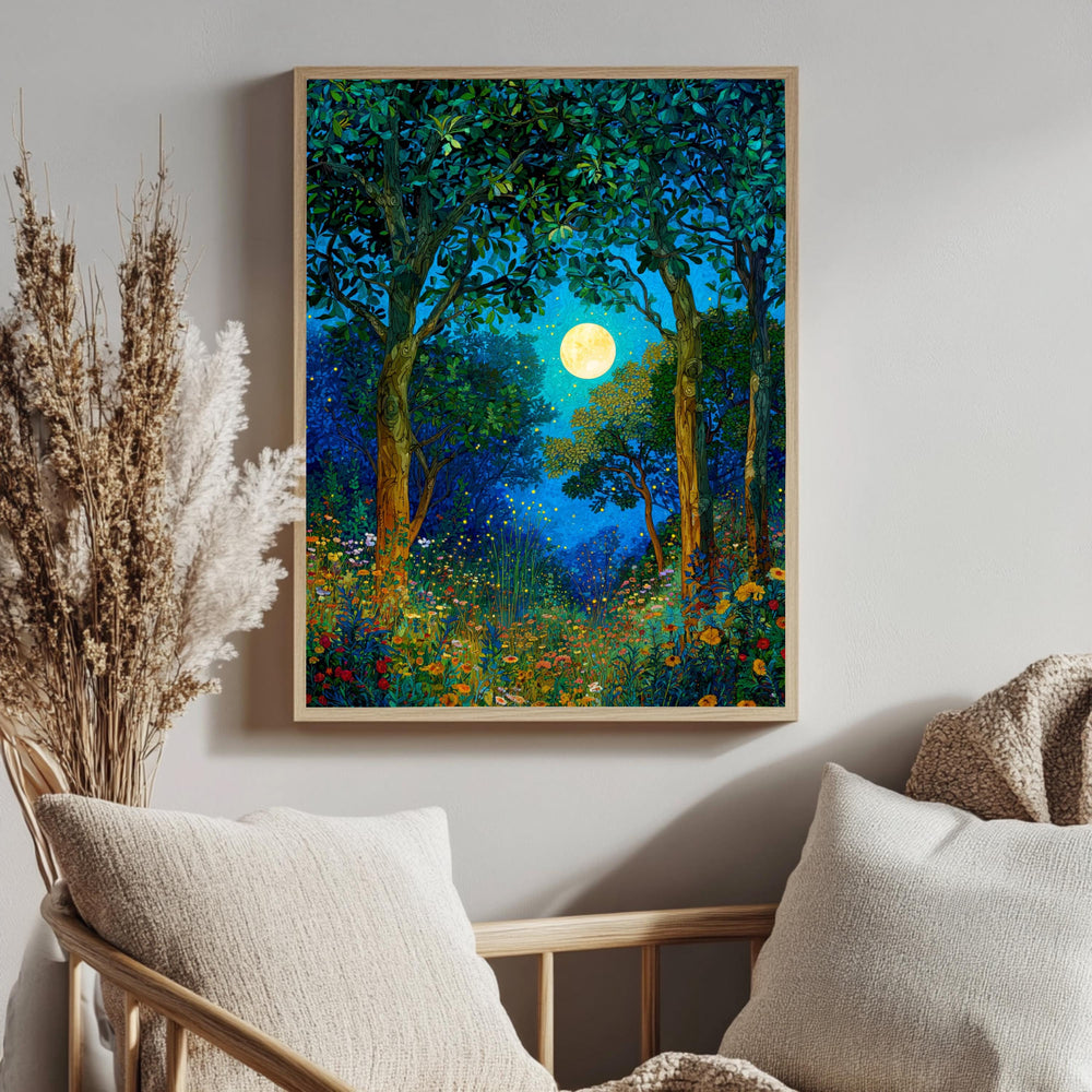 Mystical Forest Wall Art, William Morris Style Canvas, Full Moon Wildflower Meadow Decor, Enchanted Nature Scene, Gift for Nature Lovers