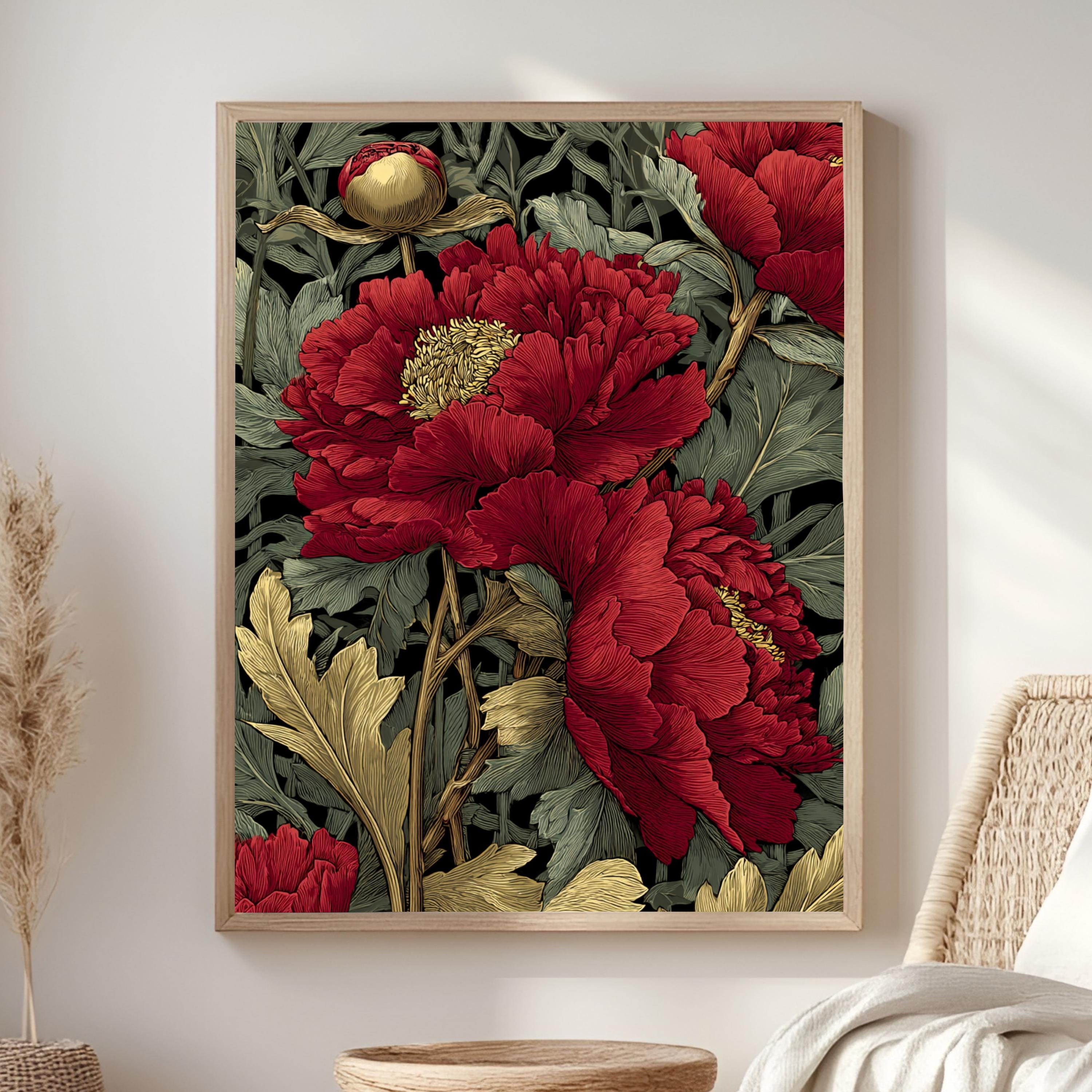 Red Peony Flower Wall Art, William Morris Style Floral Canvas, Vintage Botanical Print, Romantic Nature Decor, Gift for Flower Lovers