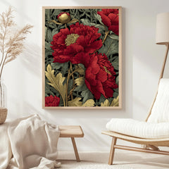 Red Peony Flower Wall Art, William Morris Style Floral Canvas, Vintage Botanical Print, Romantic Nature Decor, Gift for Flower Lovers