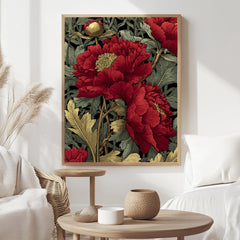 Red Peony Flower Wall Art, William Morris Style Floral Canvas, Vintage Botanical Print, Romantic Nature Decor, Gift for Flower Lovers