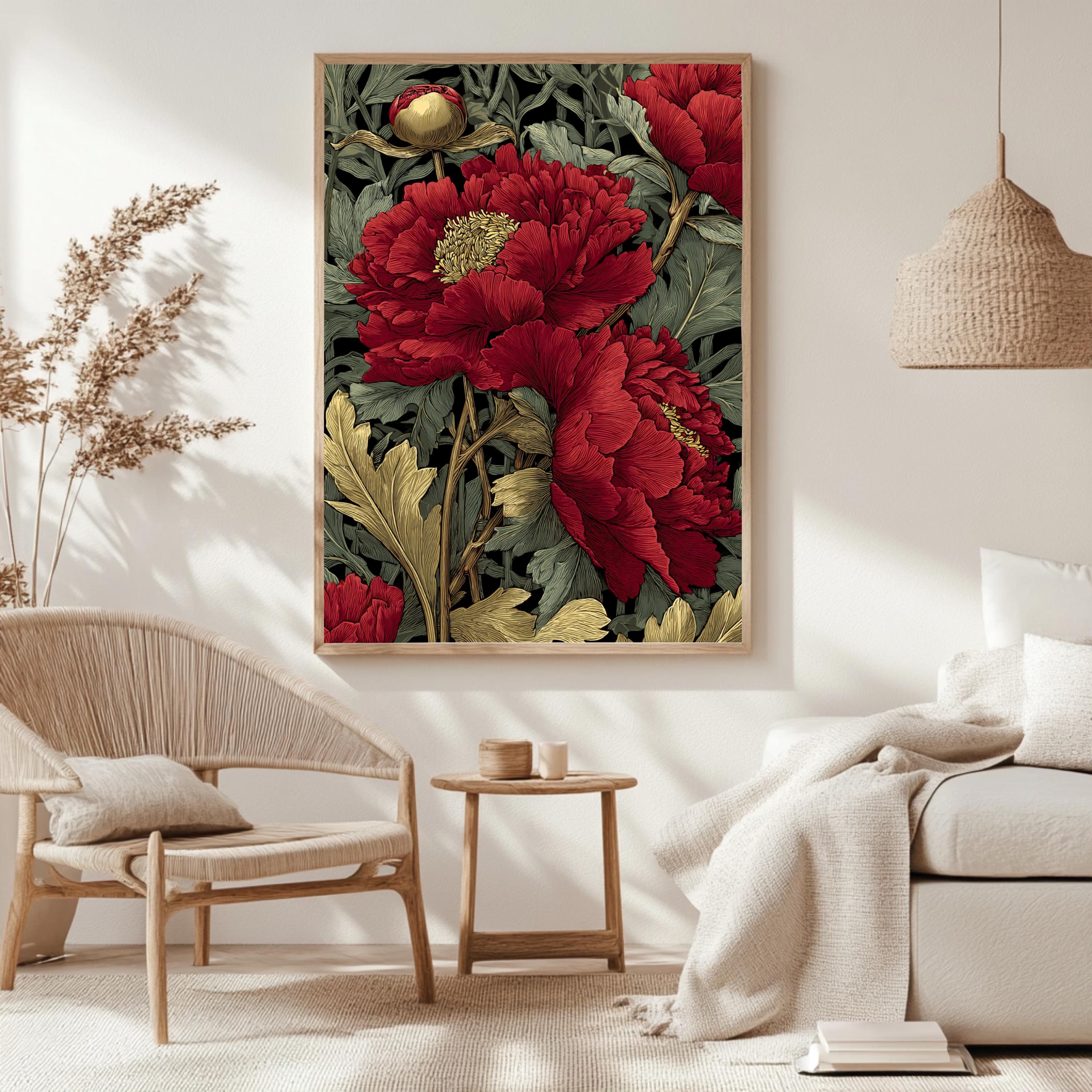 Red Peony Flower Wall Art, William Morris Style Floral Canvas, Vintage Botanical Print, Romantic Nature Decor, Gift for Flower Lovers