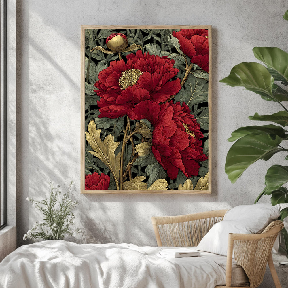 Red Peony Flower Wall Art, William Morris Style Floral Canvas, Vintage Botanical Print, Romantic Nature Decor, Gift for Flower Lovers