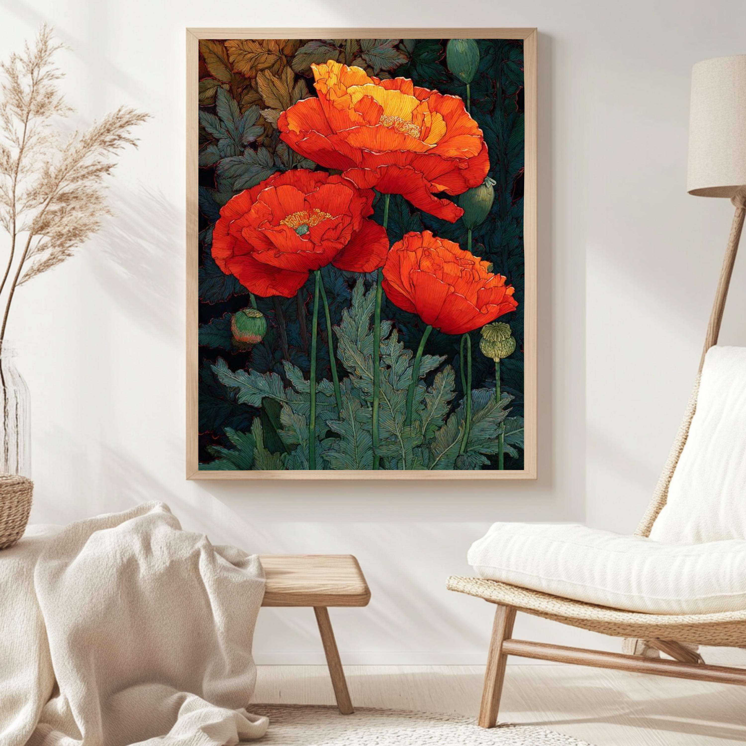 Red Poppy Wall Art, William Morris Style Floral Canvas, Bold Botanical Flower Decor, Cottagecore Garden Print, Gift for Flower Lovers