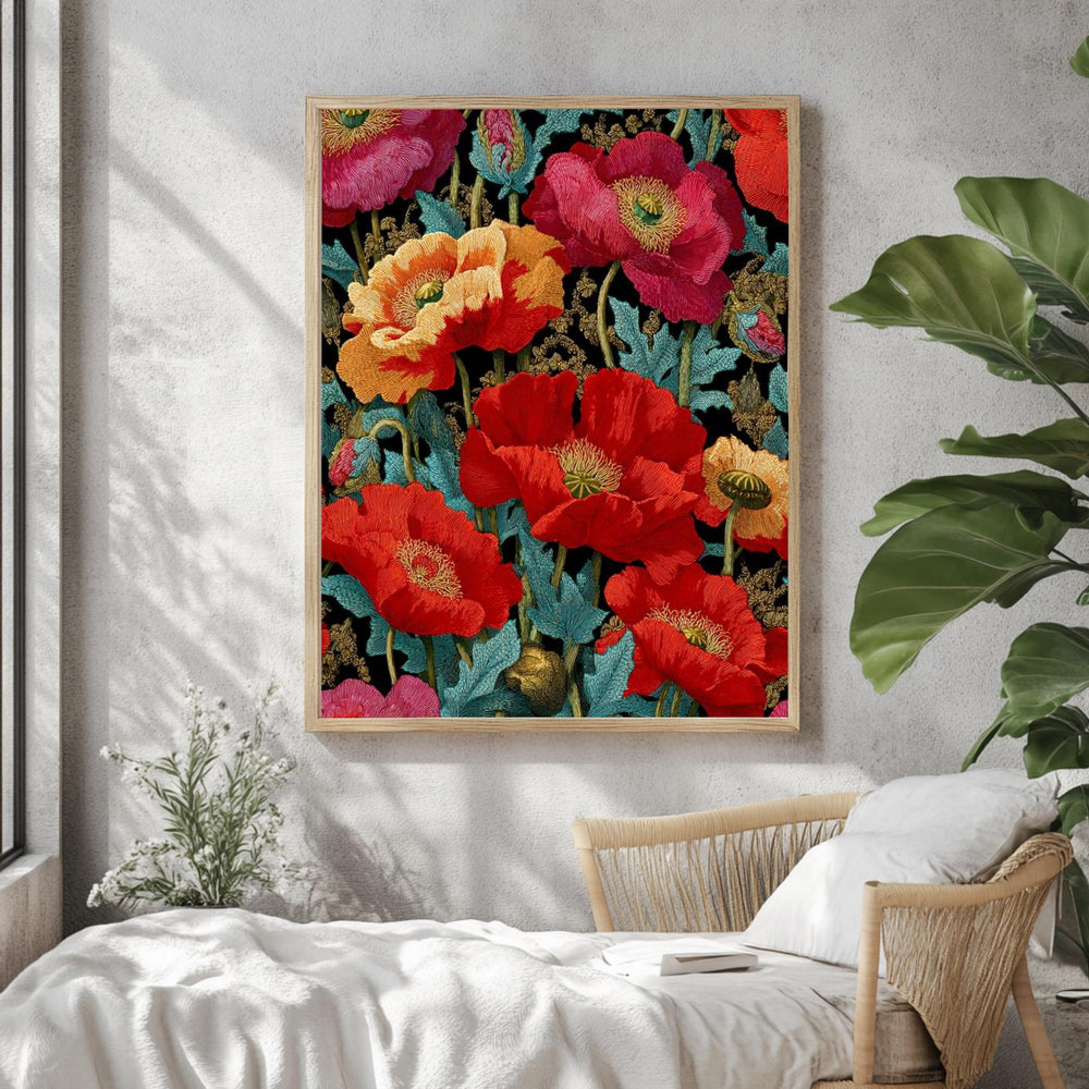 Red Poppy Wall Art, William Morris Style Floral Canvas, Bold Botanical Print, Vintage Flower Decor, Gift for Gardeners or Art Lovers