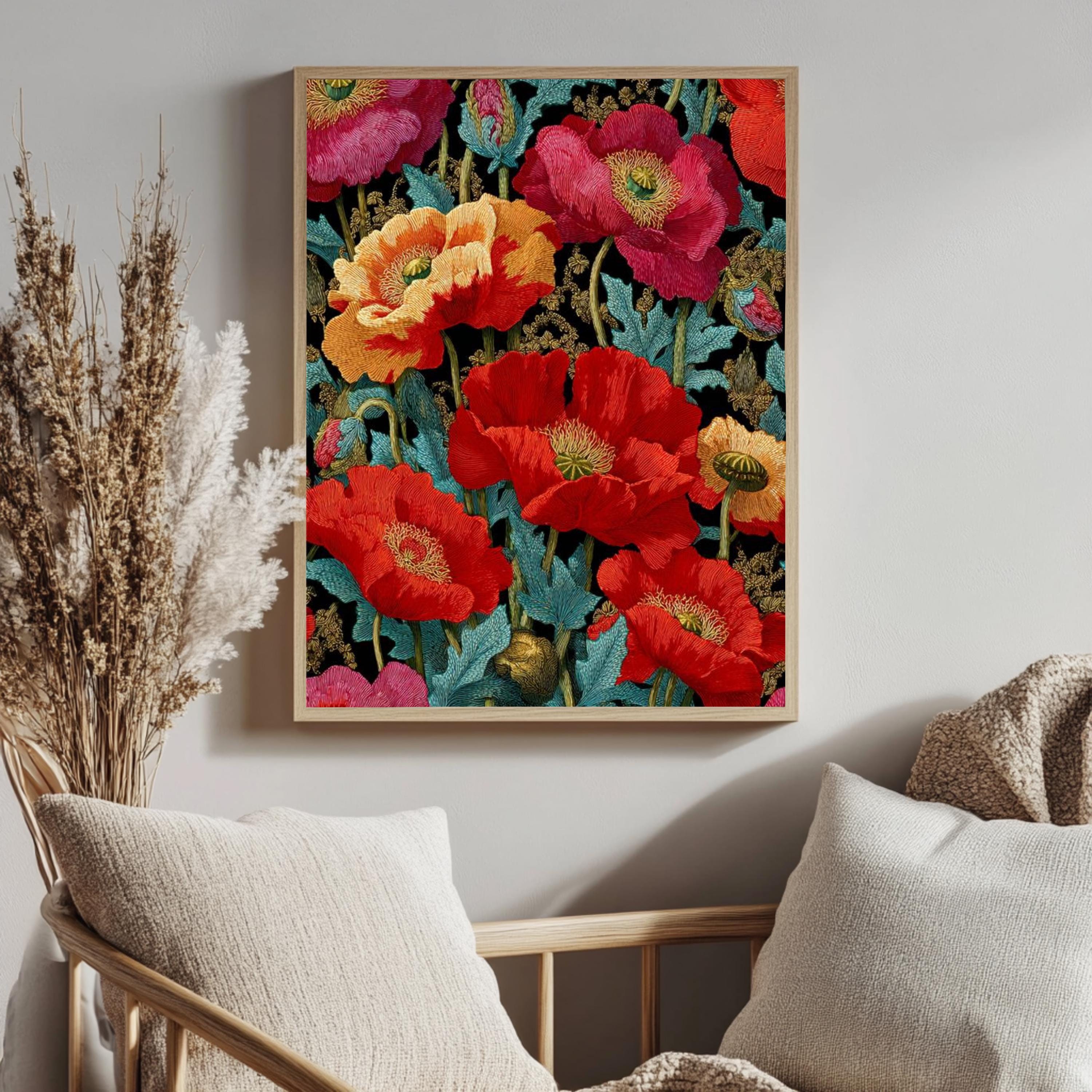 Red Poppy Wall Art, William Morris Style Floral Canvas, Bold Botanical Print, Vintage Flower Decor, Gift for Gardeners or Art Lovers