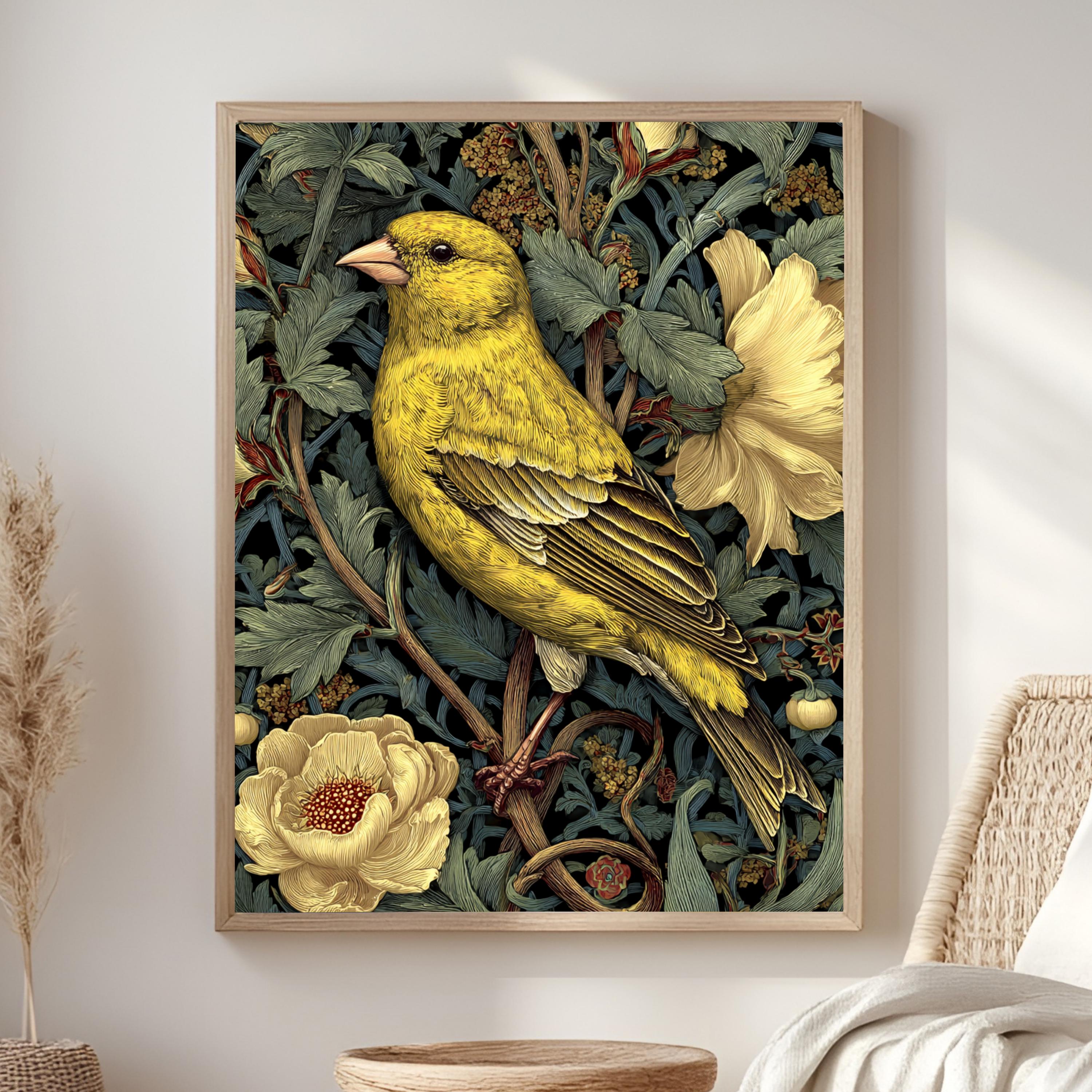 Yellow Finch Wall Art, William Morris Style Bird Canvas, Vintage Floral Nature Print, Cottagecore Home Decor, Gift for Birdwatchers