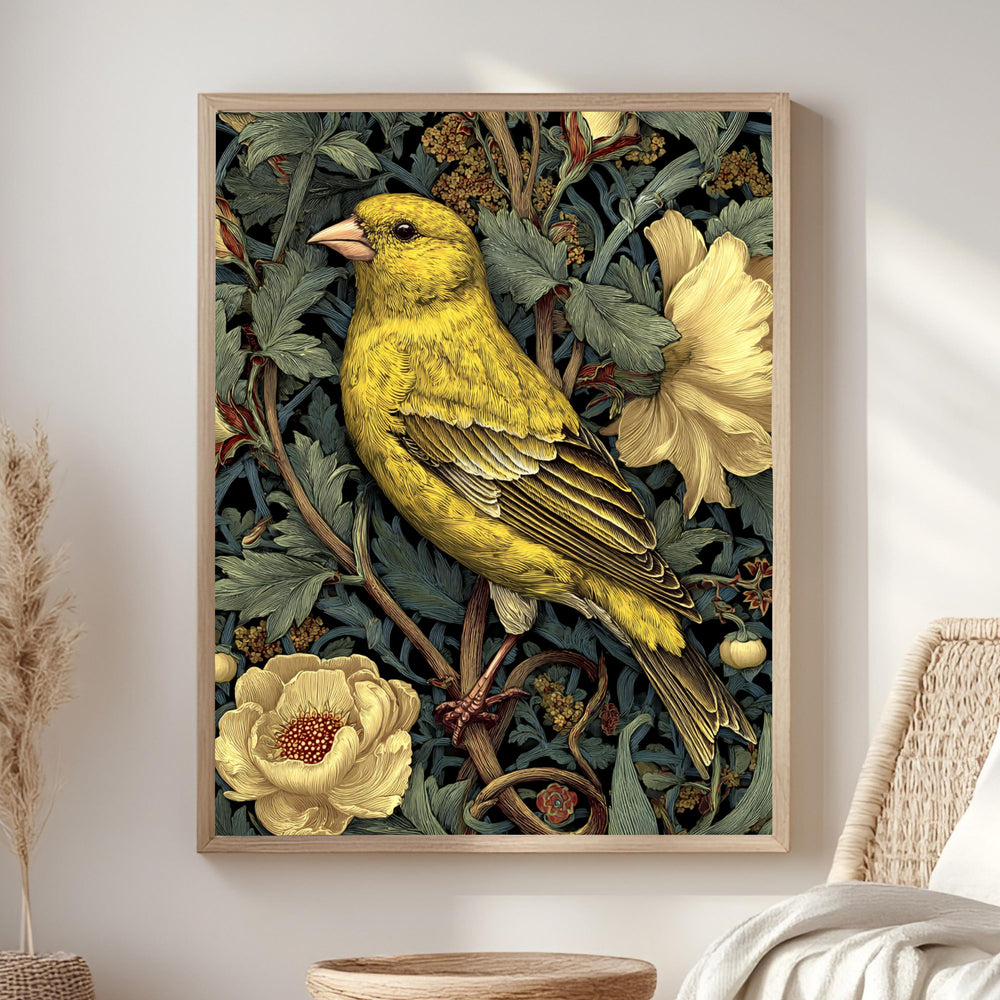 Yellow Finch Wall Art, William Morris Style Bird Canvas, Vintage Floral Nature Print, Cottagecore Home Decor, Gift for Birdwatchers