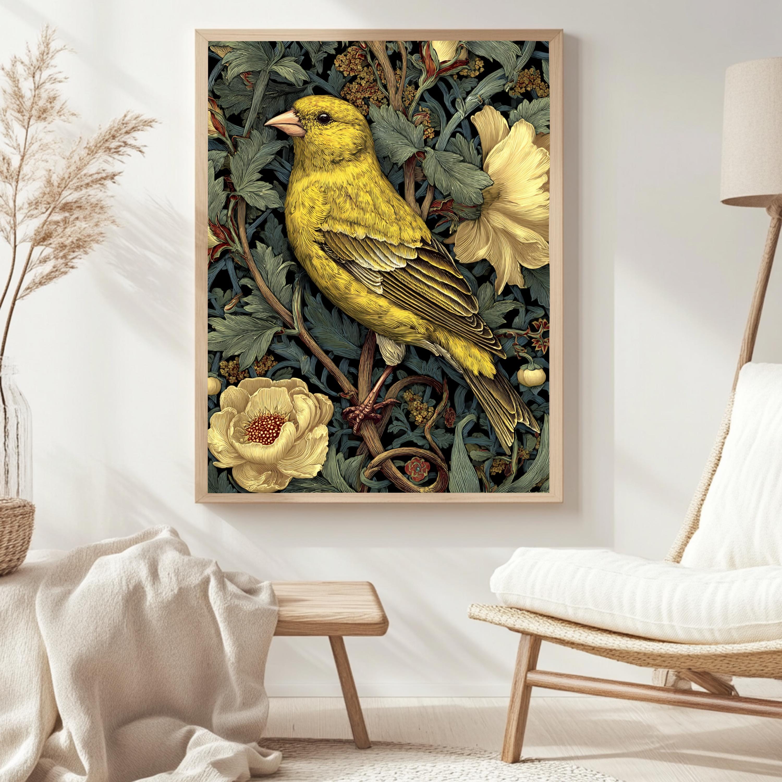 Yellow Finch Wall Art, William Morris Style Bird Canvas, Vintage Floral Nature Print, Cottagecore Home Decor, Gift for Birdwatchers