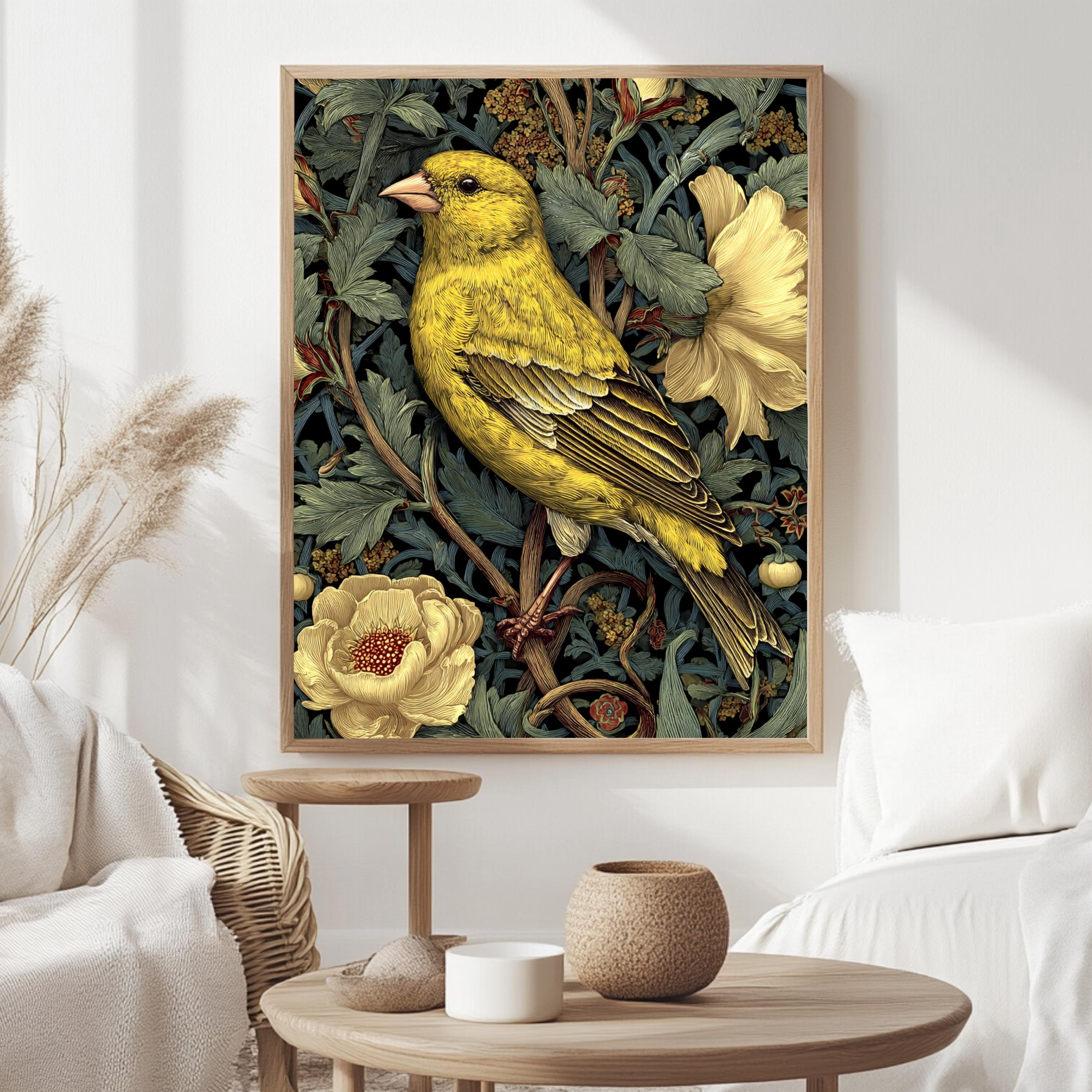 Yellow Finch Wall Art, William Morris Style Bird Canvas, Vintage Floral Nature Print, Cottagecore Home Decor, Gift for Birdwatchers