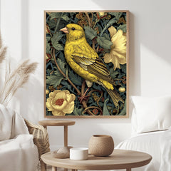 Yellow Finch Wall Art, William Morris Style Bird Canvas, Vintage Floral Nature Print, Cottagecore Home Decor, Gift for Birdwatchers