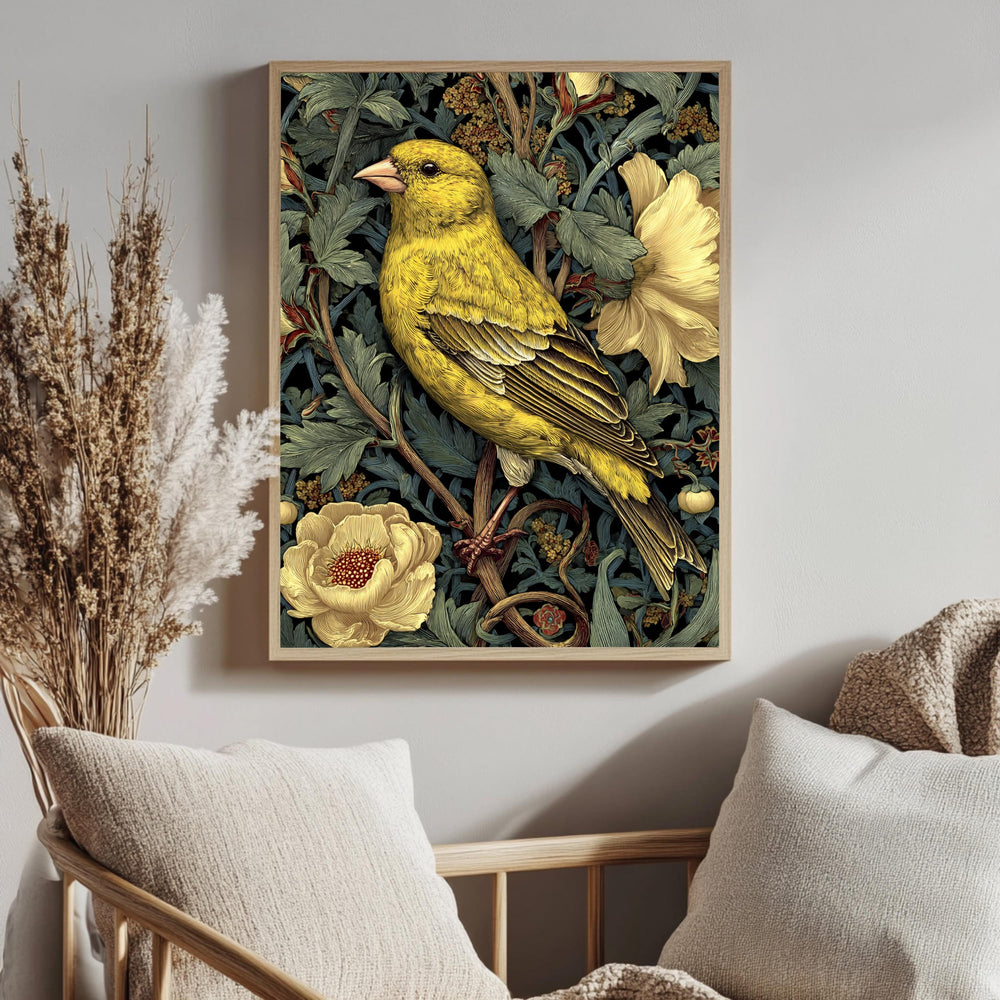 Yellow Finch Wall Art, William Morris Style Bird Canvas, Vintage Floral Nature Print, Cottagecore Home Decor, Gift for Birdwatchers