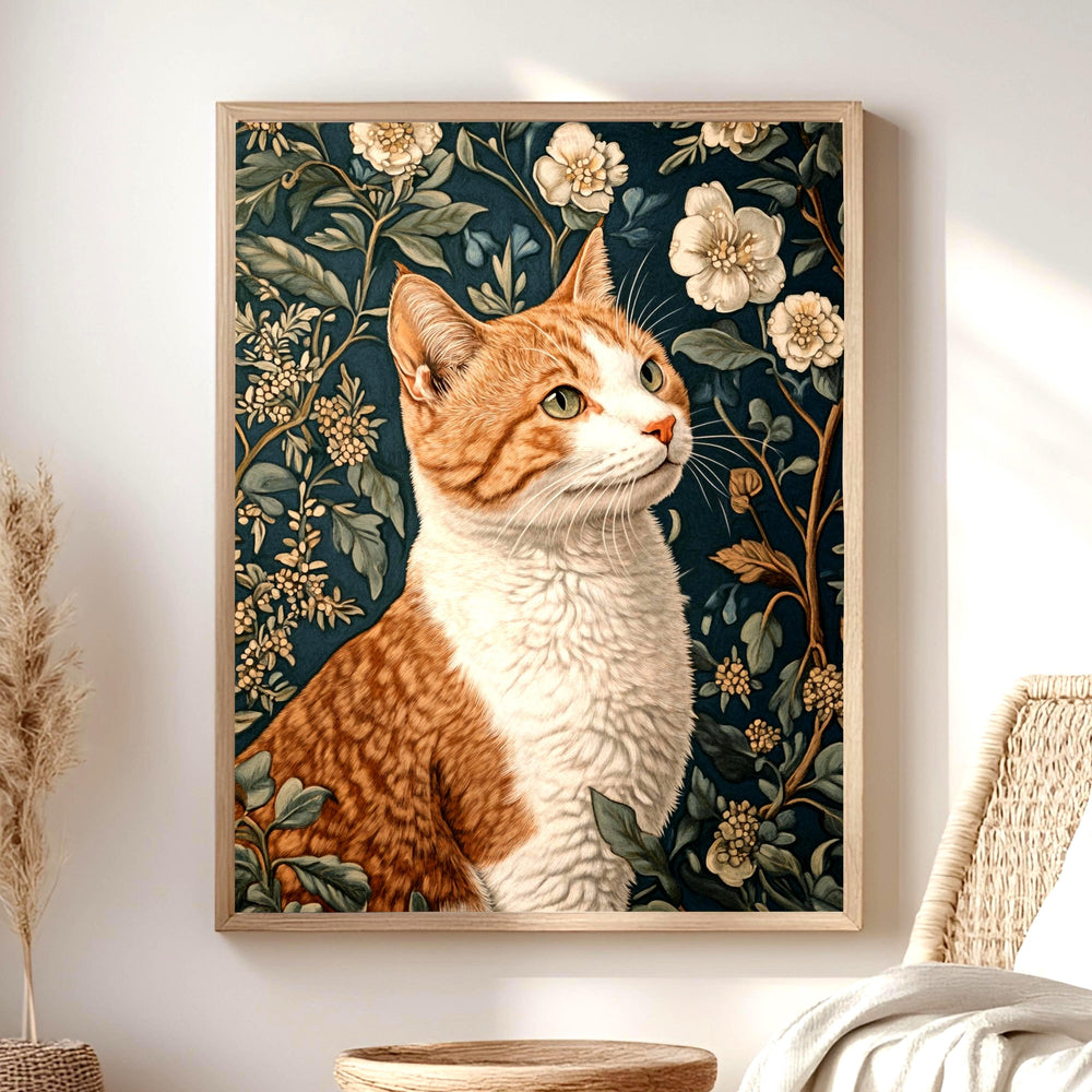 William Morris Cat Wall Art, Floral Vintage Cat Canvas, Orange Tabby Cat Art Print, Cottagecore Framed Decor, Botanical Cat Lover Gift