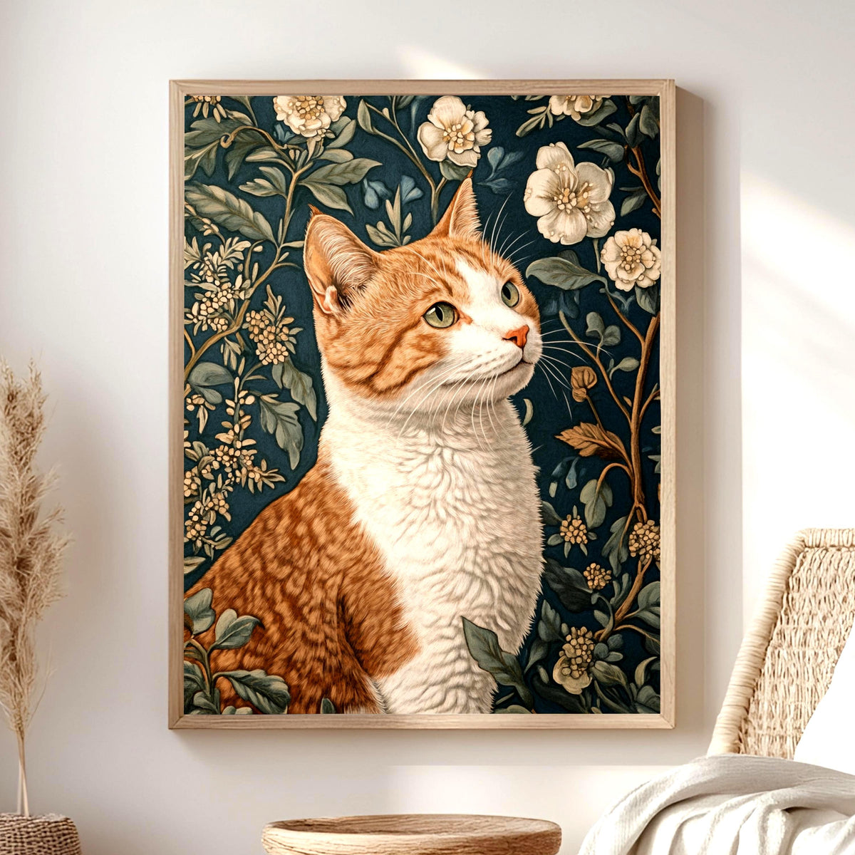 William Morris Cat Wall Art, Floral Vintage Cat Canvas, Orange Tabby Cat Art Print, Cottagecore Framed Decor, Botanical Cat Lover Gift