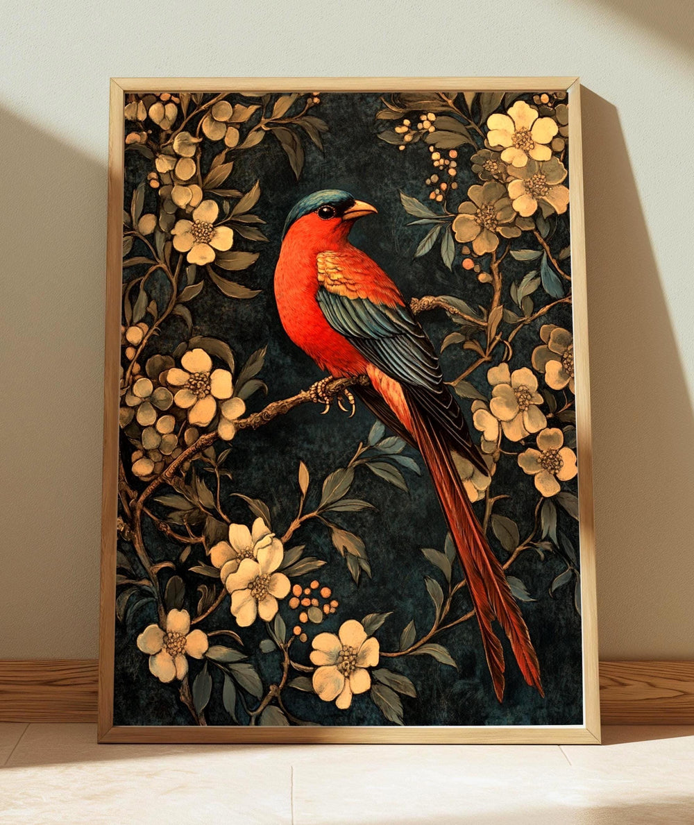 Floral Bird Wall Art, William Morris Inspired Canvas, Vintage Botanical Bird Print, Cottagecore Nature Decor, Gift for Bird Lovers