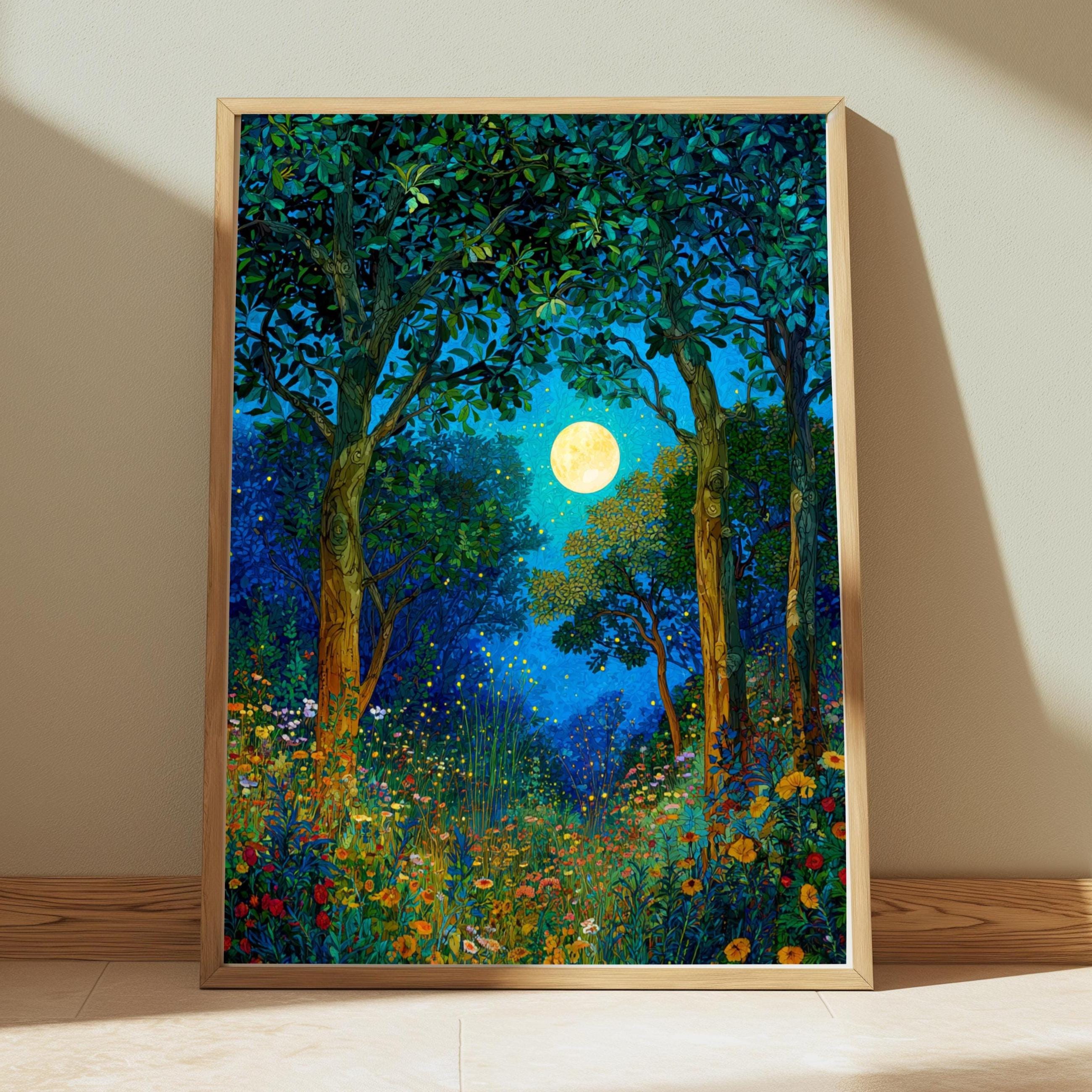 Mystical Forest Wall Art, William Morris Style Canvas, Full Moon Wildflower Meadow Decor, Enchanted Nature Scene, Gift for Nature Lovers