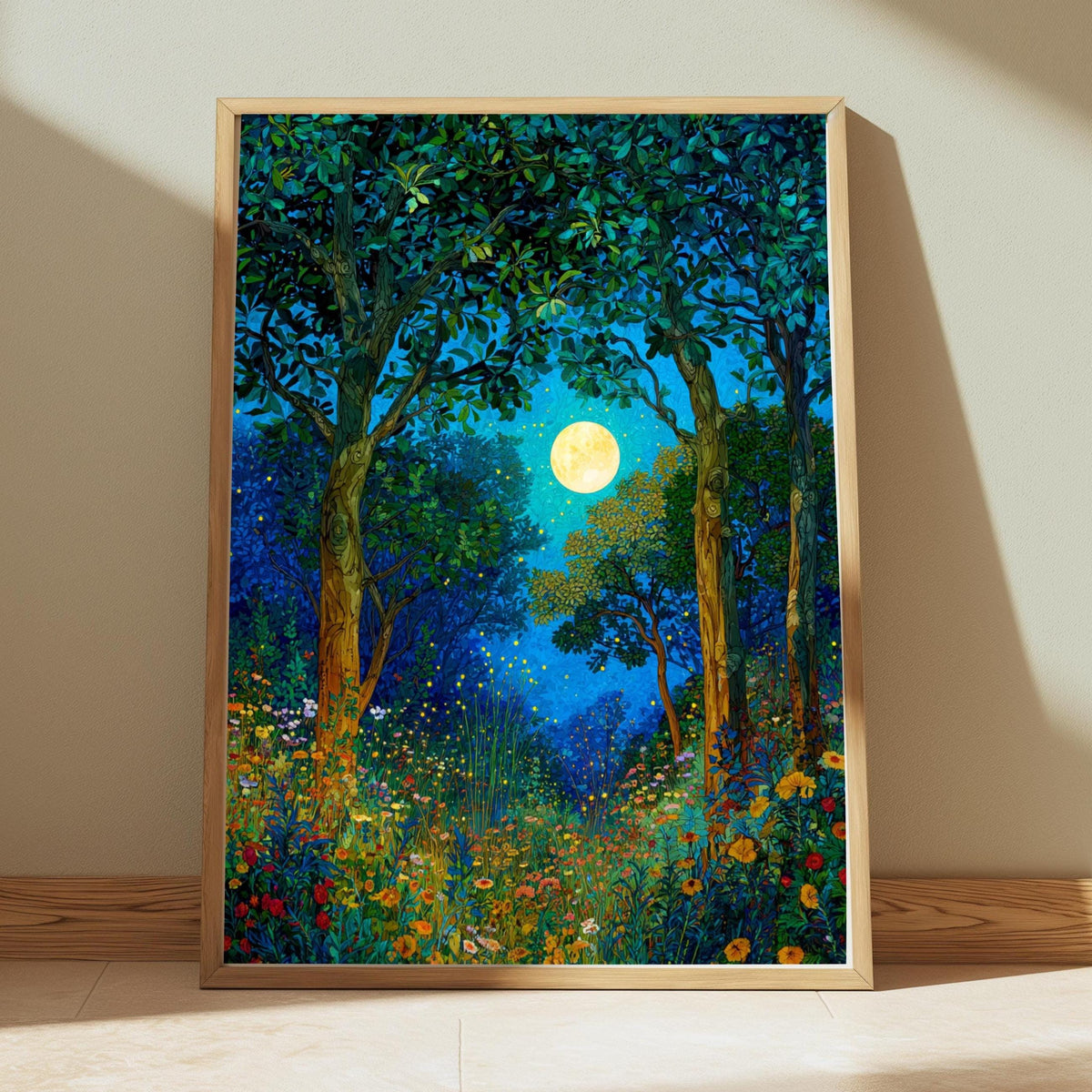 Mystical Forest Wall Art, William Morris Style Canvas, Full Moon Wildflower Meadow Decor, Enchanted Nature Scene, Gift for Nature Lovers