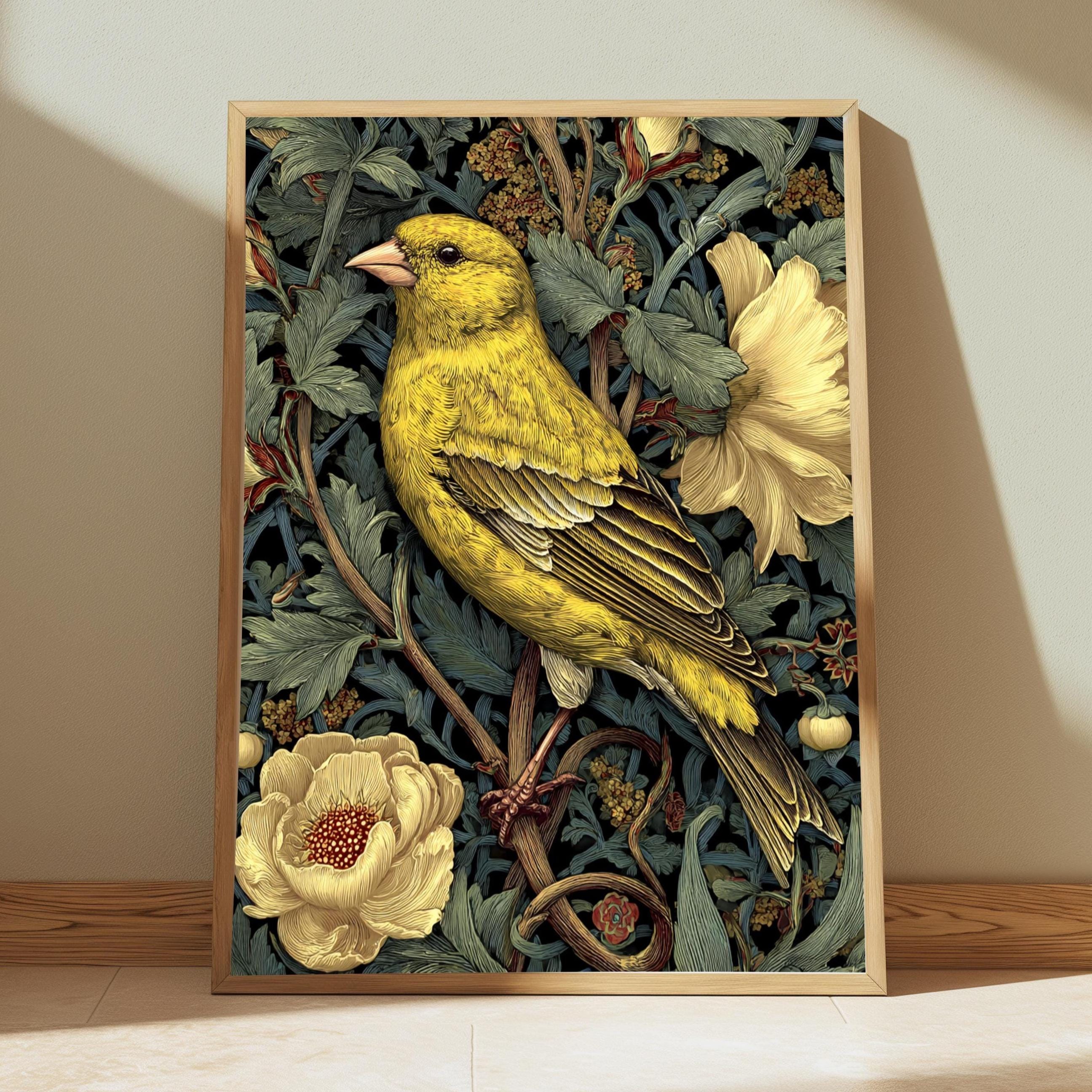 Yellow Finch Wall Art, William Morris Style Bird Canvas, Vintage Floral Nature Print, Cottagecore Home Decor, Gift for Birdwatchers