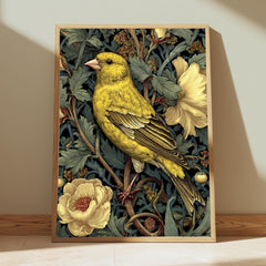 Yellow Finch Wall Art, William Morris Style Bird Canvas, Vintage Floral Nature Print, Cottagecore Home Decor, Gift for Birdwatchers