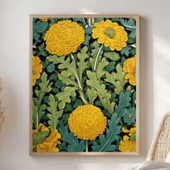 Yellow Marigold Wall Art, William Morris Inspired Floral Canvas, Vintage Botanical Garden Print, Cottagecore Framed Nature Decor
