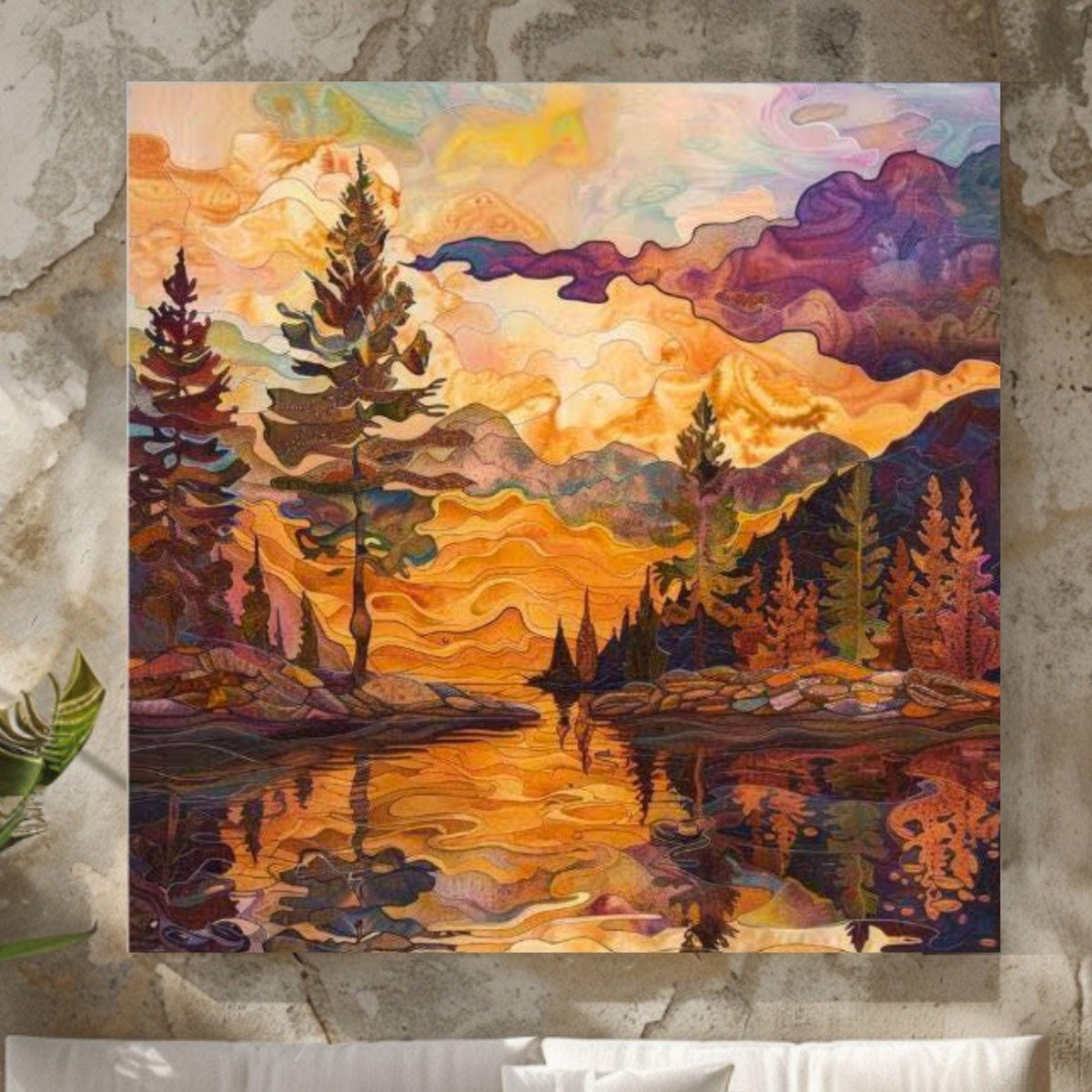 Lake House Stained Glass Canvas, Autumn Wall Art, Mountain Wall Canvas, Fall Home Decor, Nature-Inspired Framed Canvas, Woodland Poster