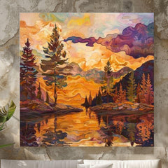 Lake House Stained Glass Canvas, Autumn Wall Art, Mountain Wall Canvas, Fall Home Decor, Nature-Inspired Framed Canvas, Woodland Poster