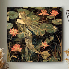 Botanical Mermaid Wall Art, William Morris Inspired Canvas Print, Floral Wall Decor, Botanical Canvas Wall Art, Elegant Home Accent