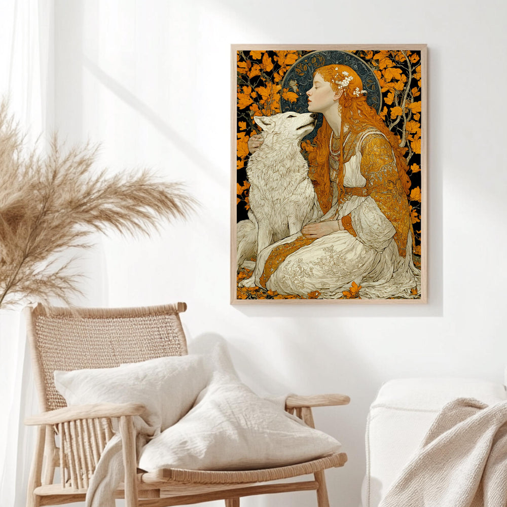 Princess And Wolf Wall Art, Fantasy Fairytale Canvas, Enchanted Forest Poster, Framed Canvas, Magical Art Print, Storybook Inspired Decor