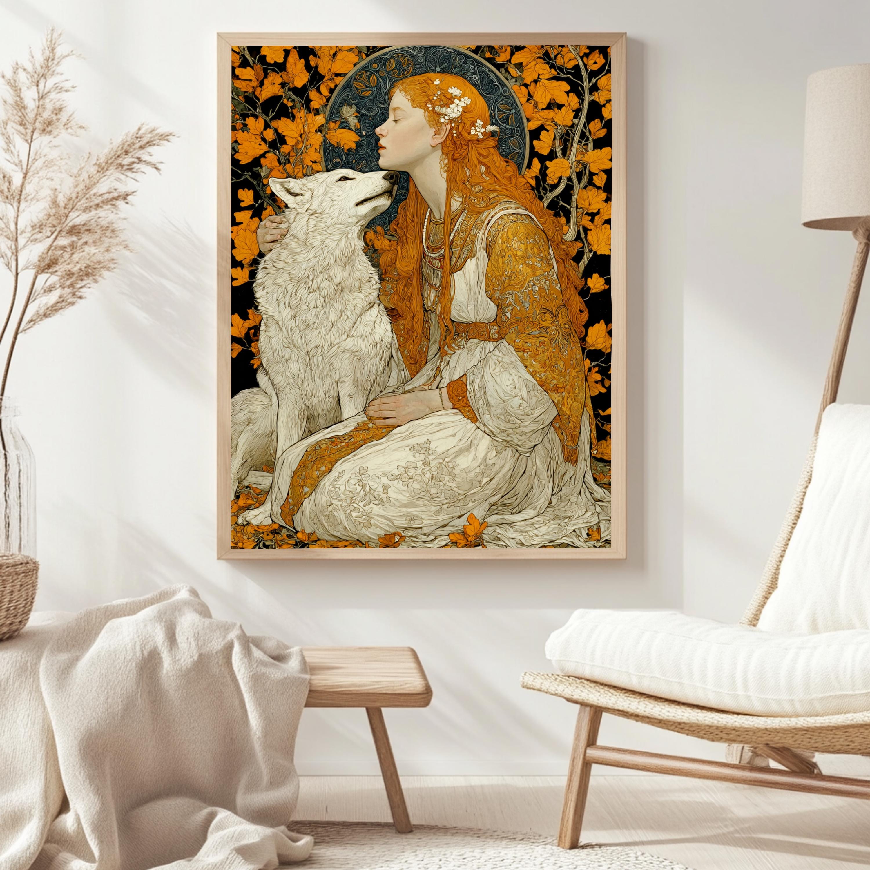 Princess And Wolf Wall Art, Fantasy Fairytale Canvas, Enchanted Forest Poster, Framed Canvas, Magical Art Print, Storybook Inspired Decor