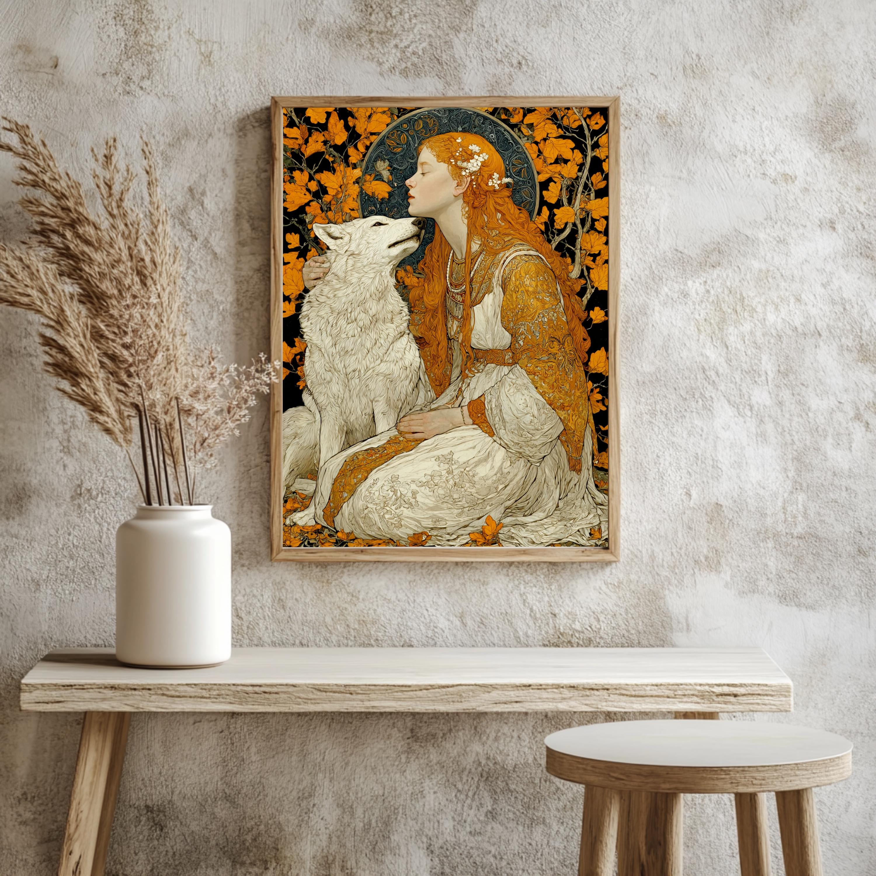 Princess And Wolf Wall Art, Fantasy Fairytale Canvas, Enchanted Forest Poster, Framed Canvas, Magical Art Print, Storybook Inspired Decor