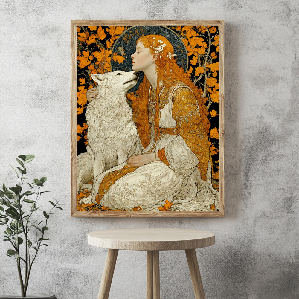 Princess And Wolf Wall Art, Fantasy Fairytale Canvas, Enchanted Forest Poster, Framed Canvas, Magical Art Print, Storybook Inspired Decor