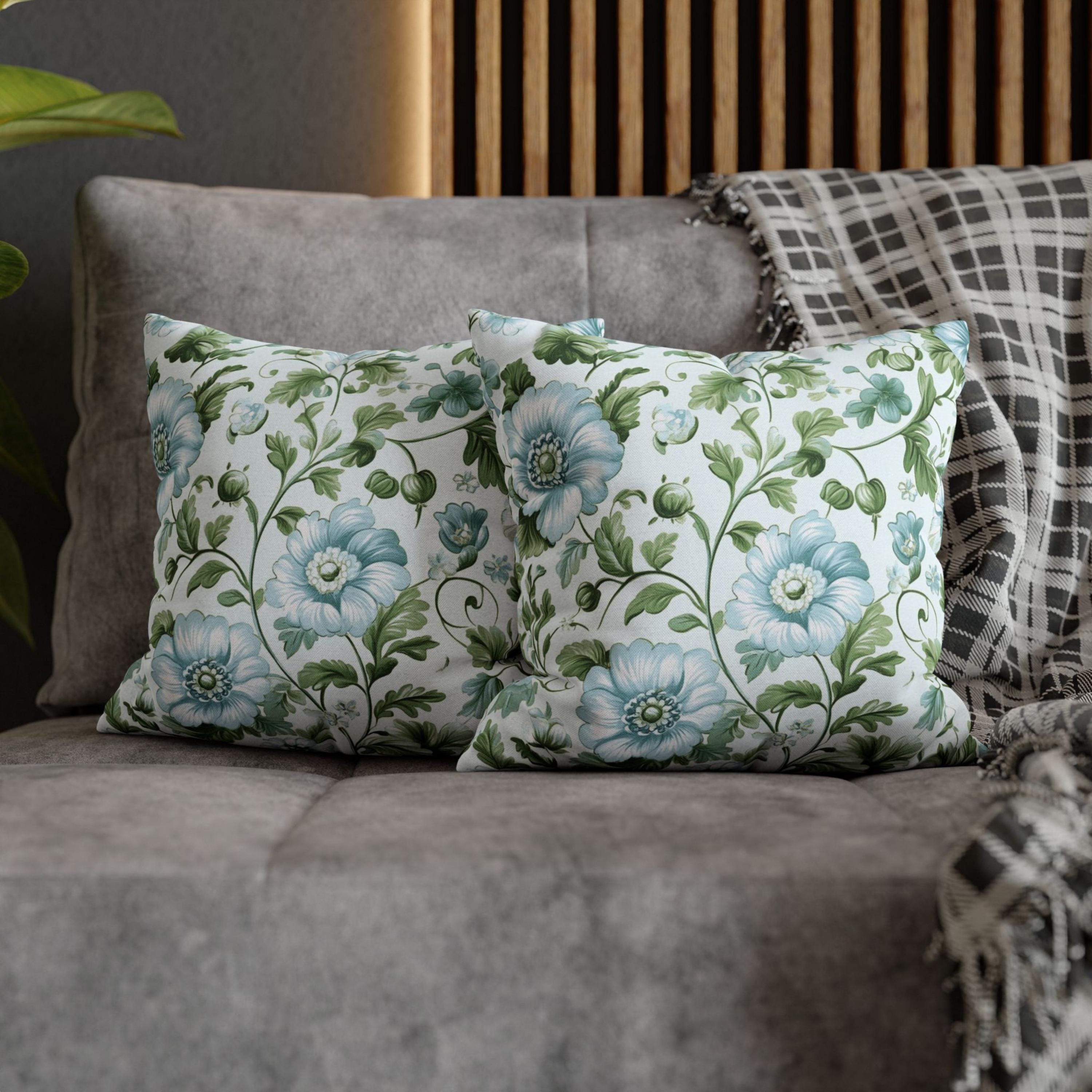 Pale Blue and Green Floral Pillow, Vintage Botanical Cushion Cover, Elegant Garden Bloom Throw Pillow, Soft Nature-Inspired Decor