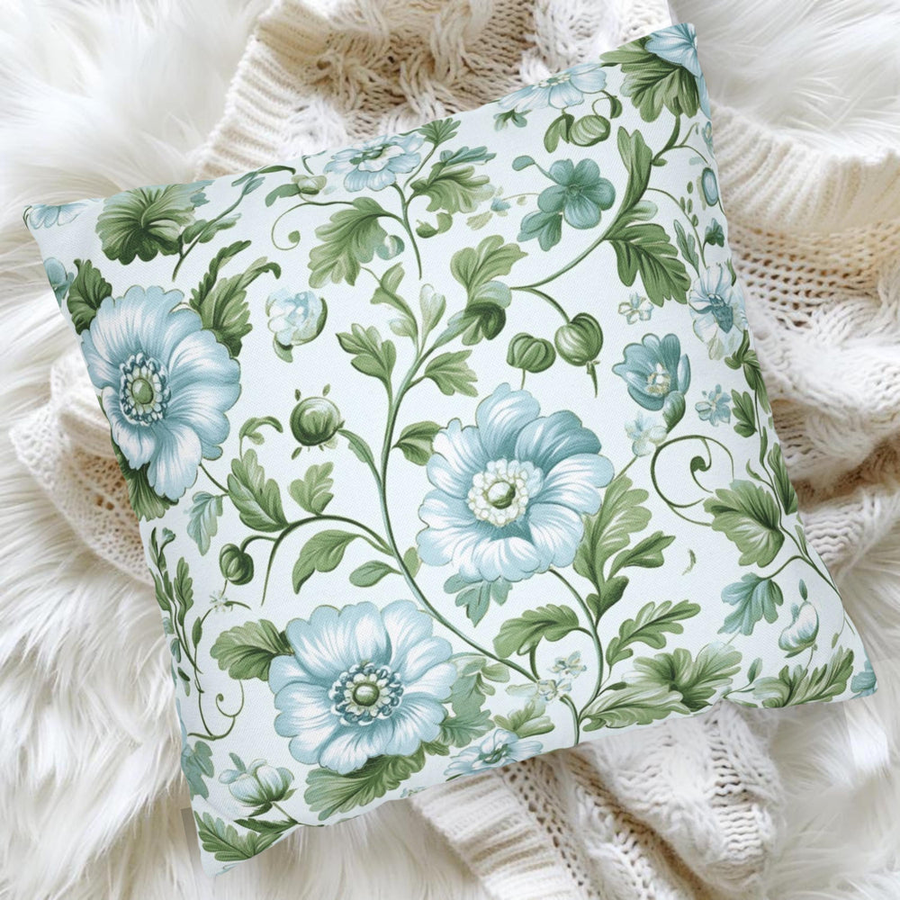 Pale Blue and Green Floral Pillow, Vintage Botanical Cushion Cover, Elegant Garden Bloom Throw Pillow, Soft Nature-Inspired Decor