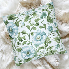 Pale Blue and Green Floral Pillow, Vintage Botanical Cushion Cover, Elegant Garden Bloom Throw Pillow, Soft Nature-Inspired Decor
