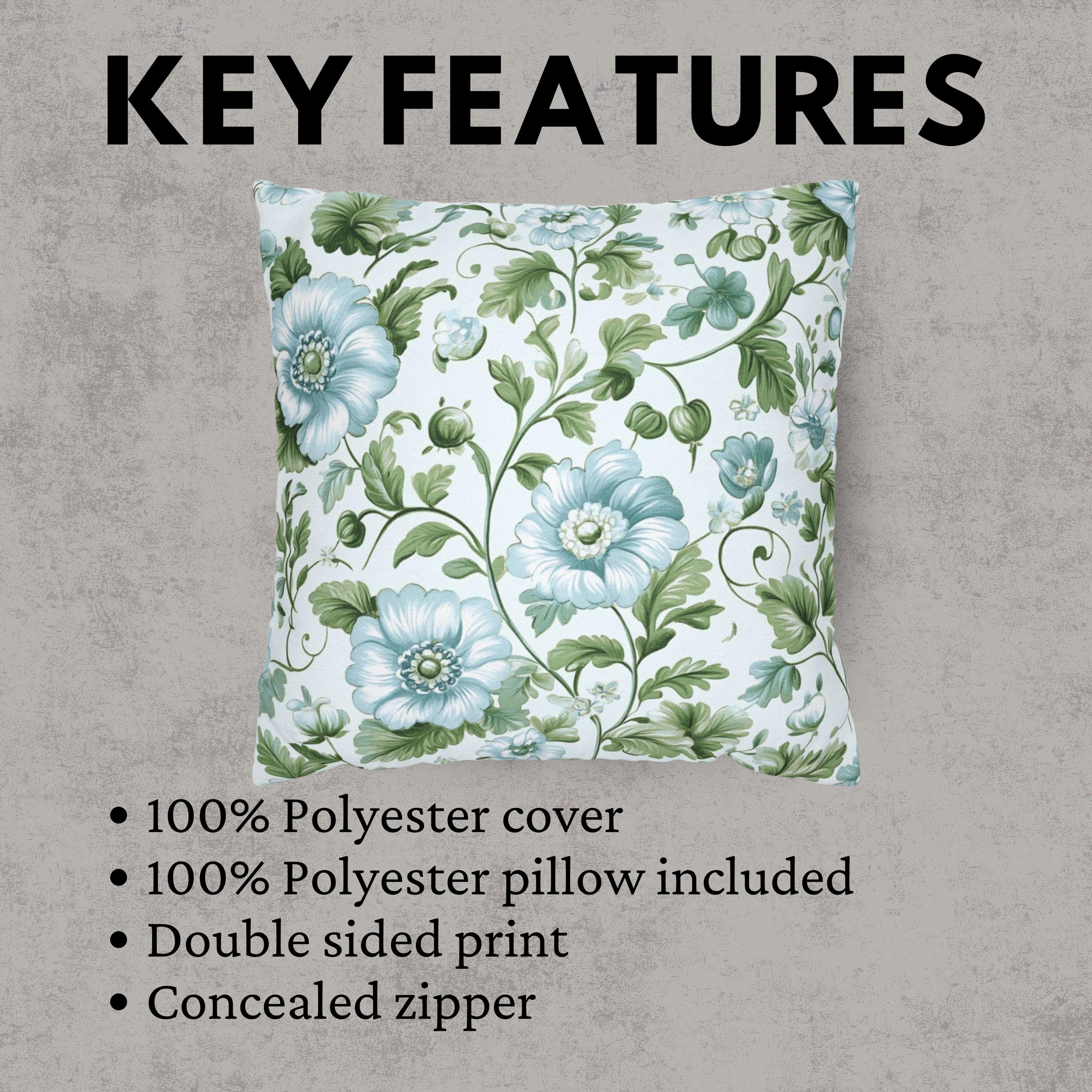 Pale Blue and Green Floral Pillow, Vintage Botanical Cushion Cover, Elegant Garden Bloom Throw Pillow, Soft Nature-Inspired Decor
