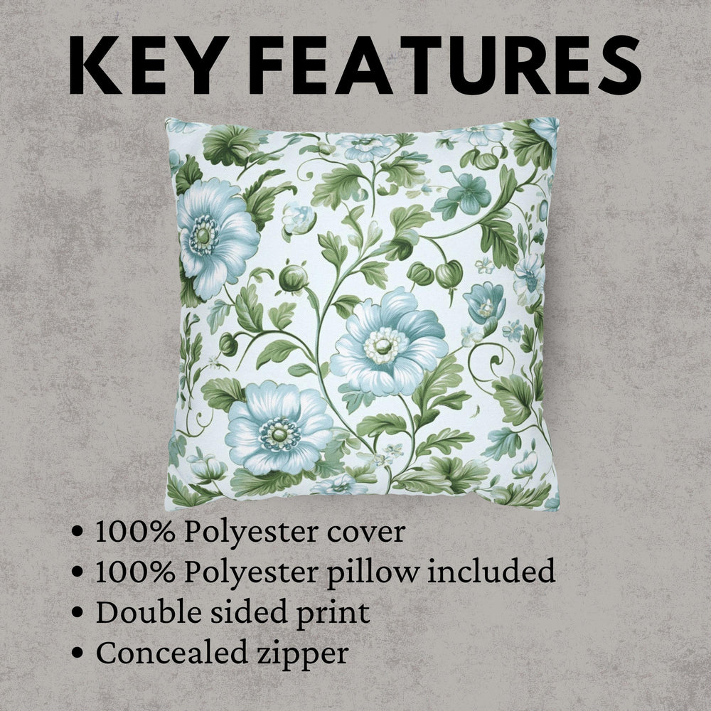 Pale Blue and Green Floral Pillow, Vintage Botanical Cushion Cover, Elegant Garden Bloom Throw Pillow, Soft Nature-Inspired Decor