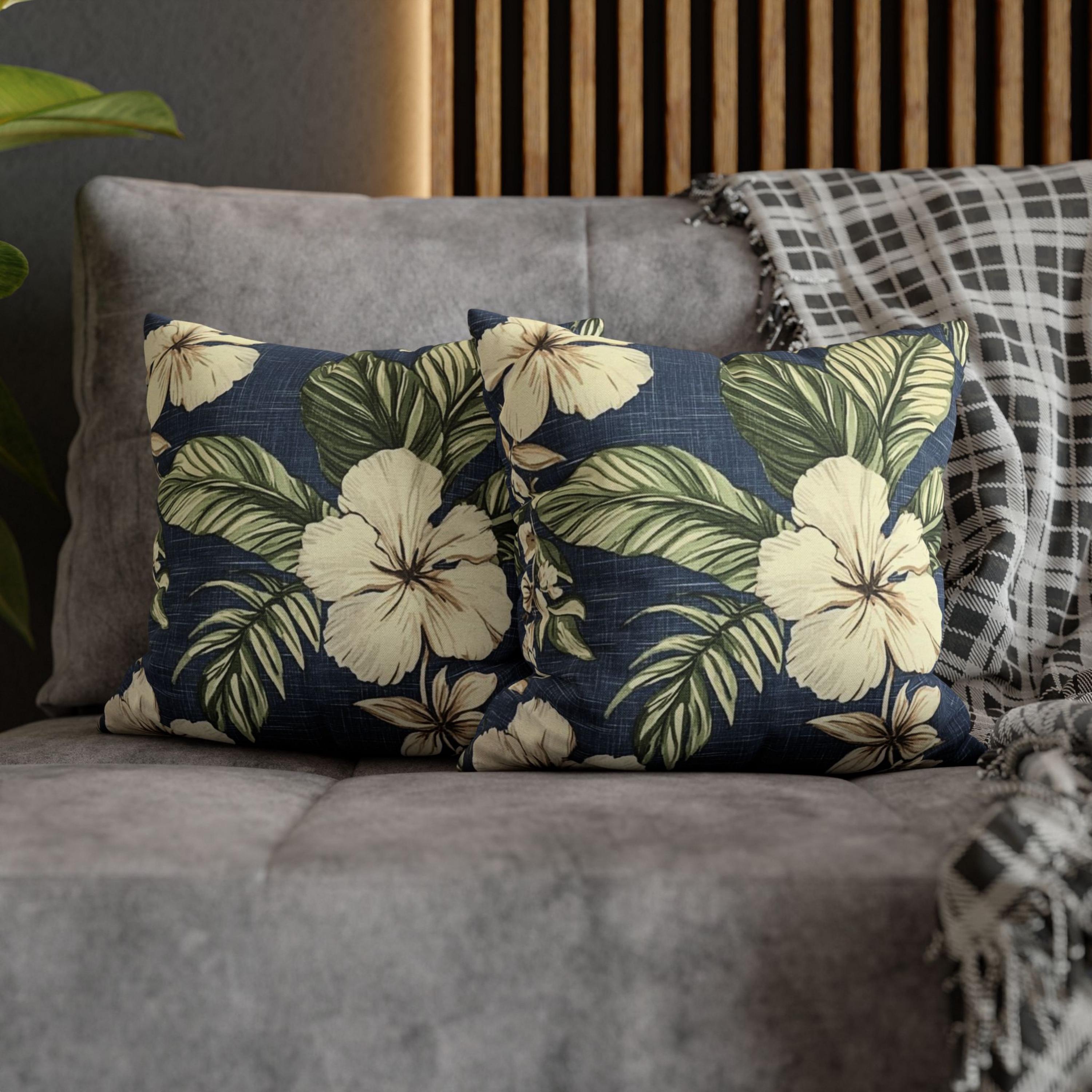 Navy Tropical Floral Pillow, Cream Hibiscus Cushion Cover, Coastal Botanical Throw Pillow, Island Leaf Decor, Jungle-Inspired Home Accent