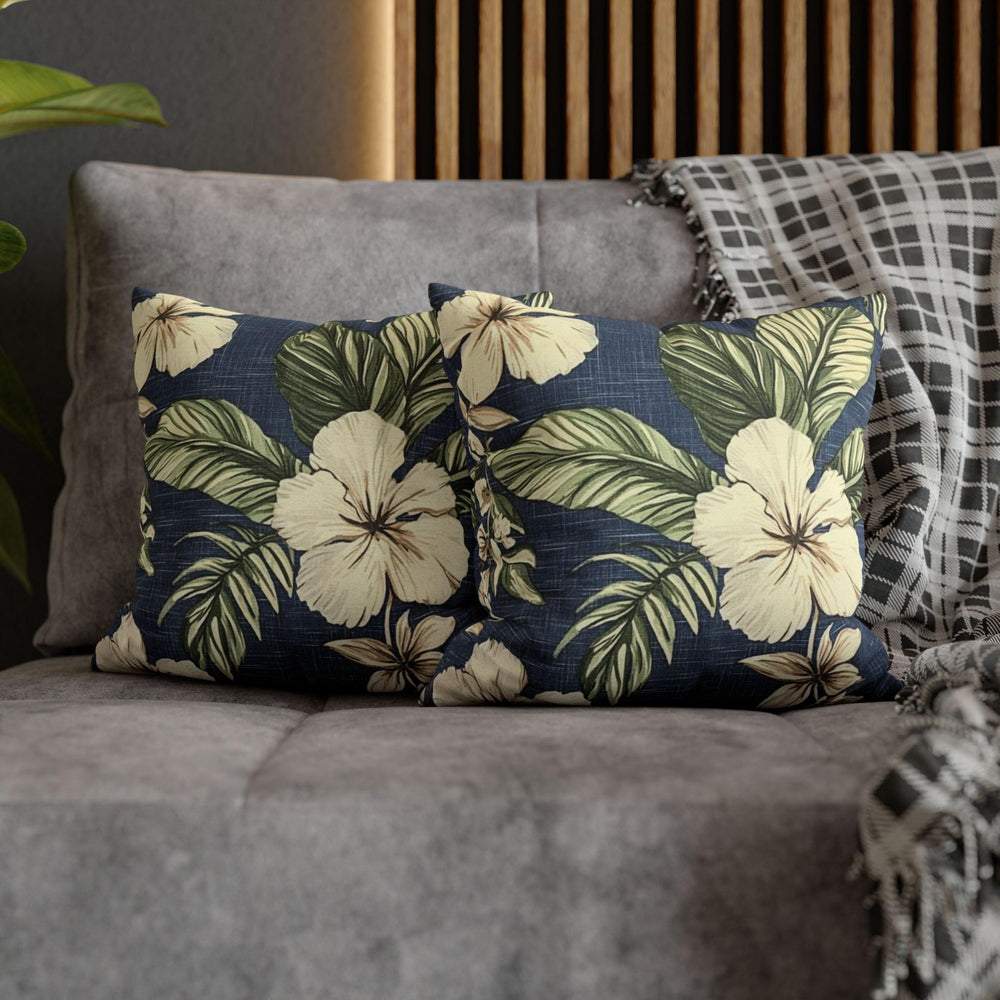 Navy Tropical Floral Pillow, Cream Hibiscus Cushion Cover, Coastal Botanical Throw Pillow, Island Leaf Decor, Jungle-Inspired Home Accent