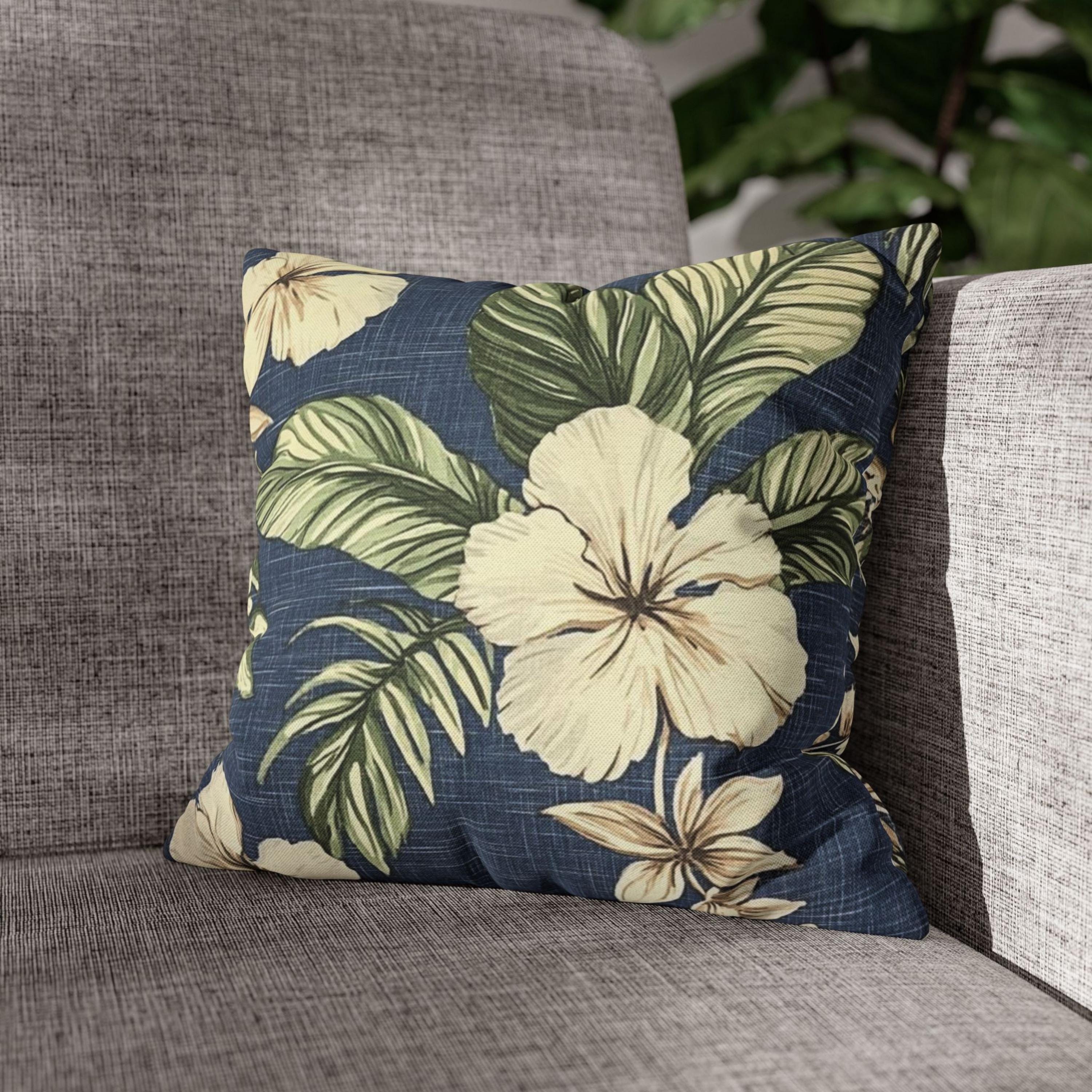 Navy Tropical Floral Pillow, Cream Hibiscus Cushion Cover, Coastal Botanical Throw Pillow, Island Leaf Decor, Jungle-Inspired Home Accent
