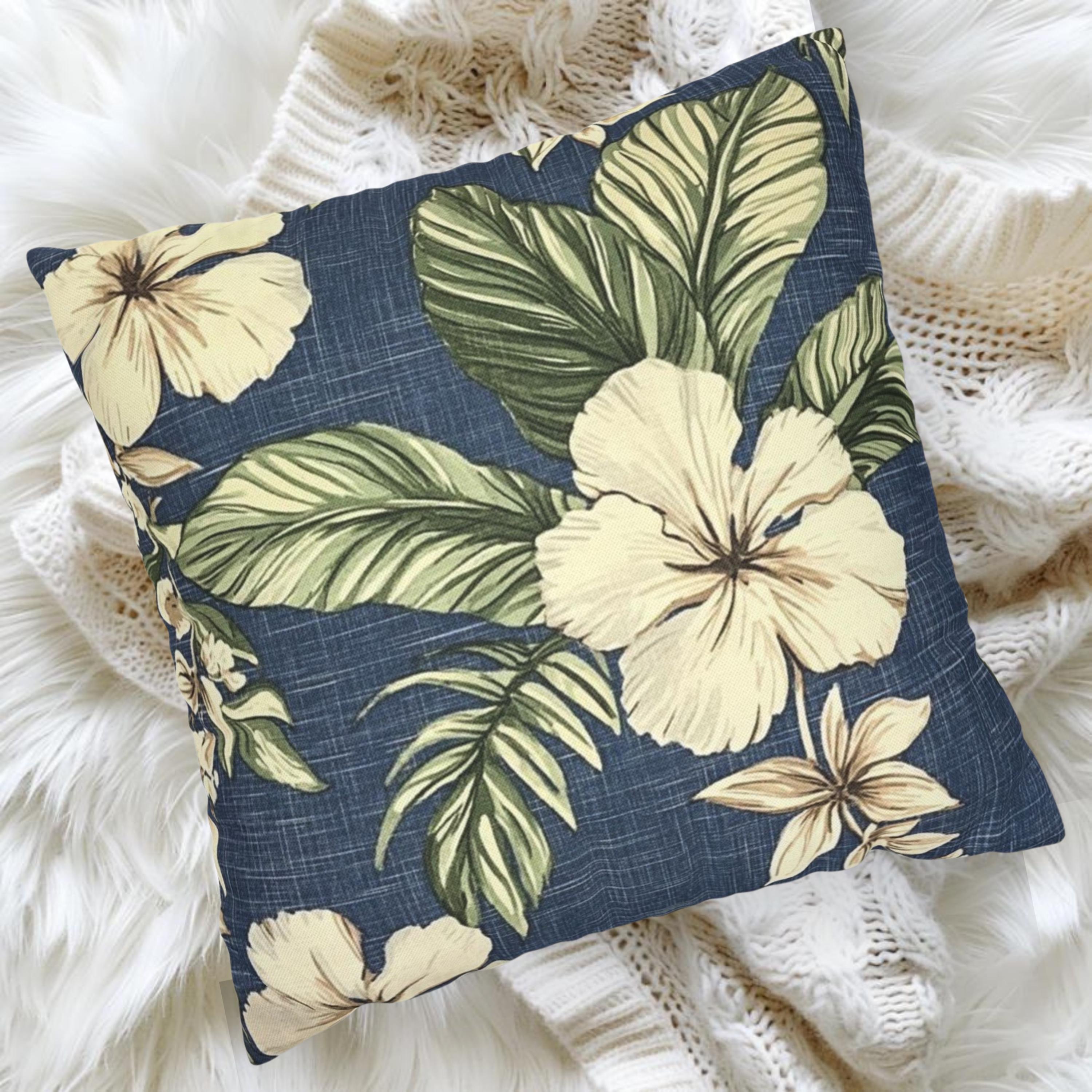 Navy Tropical Floral Pillow, Cream Hibiscus Cushion Cover, Coastal Botanical Throw Pillow, Island Leaf Decor, Jungle-Inspired Home Accent