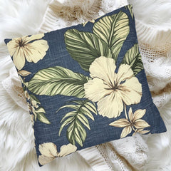 Navy Tropical Floral Pillow, Cream Hibiscus Cushion Cover, Coastal Botanical Throw Pillow, Island Leaf Decor, Jungle-Inspired Home Accent