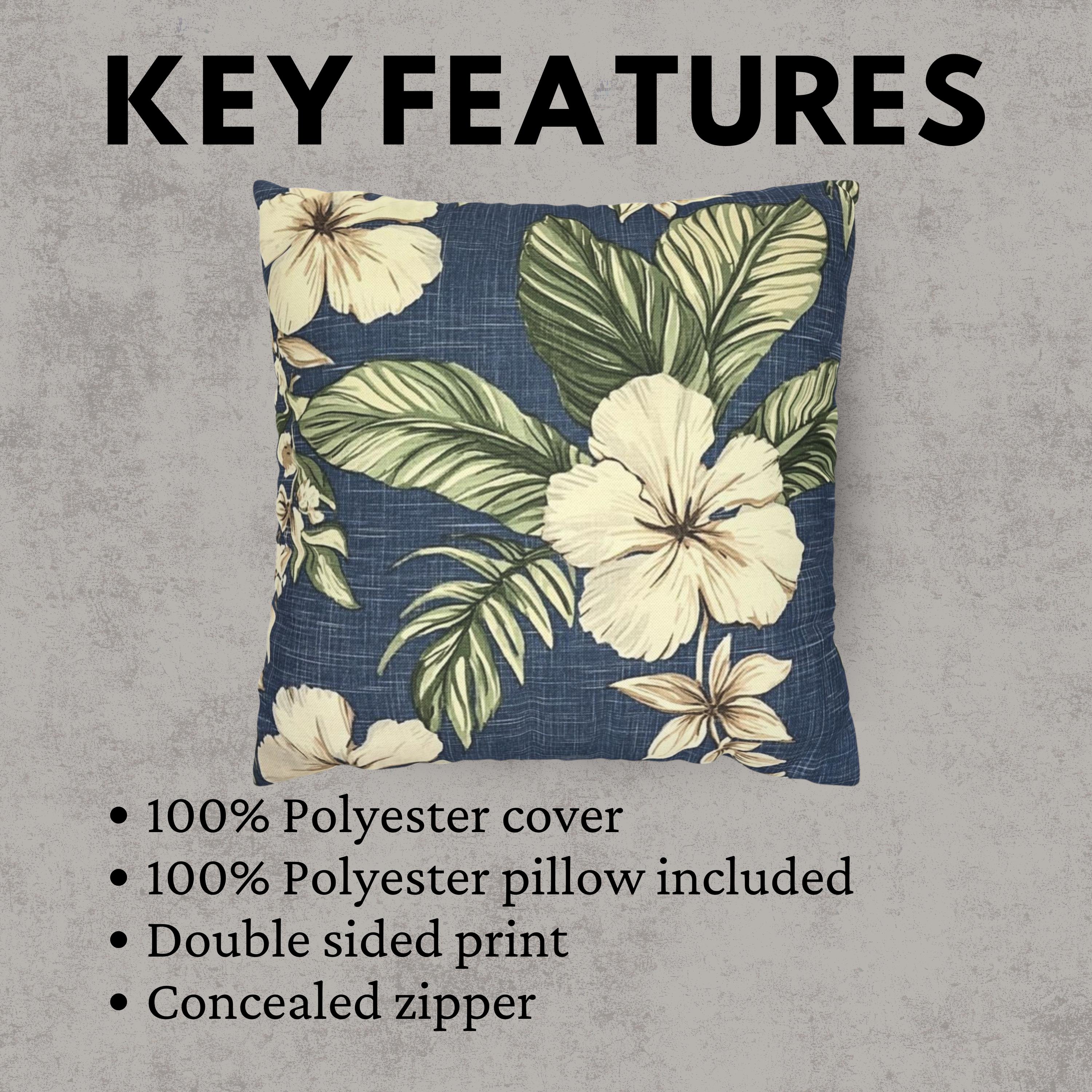 Navy Tropical Floral Pillow, Cream Hibiscus Cushion Cover, Coastal Botanical Throw Pillow, Island Leaf Decor, Jungle-Inspired Home Accent