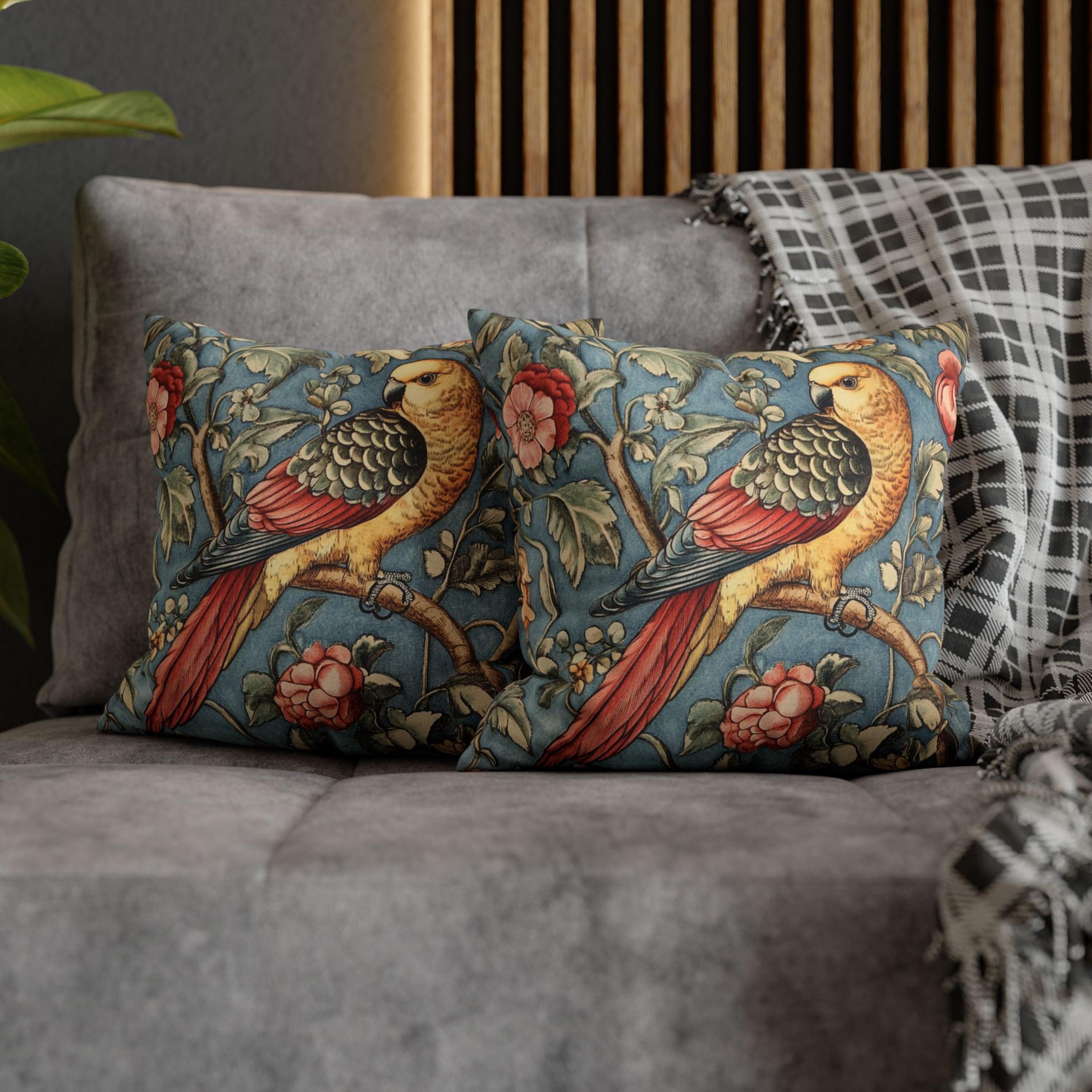 Vintage Parrot Pillow, William Morris Inspired Accent, Botanical Bird Cushion Cover, Whimsical Floral Throw Pillow, Rustic Nature Decor