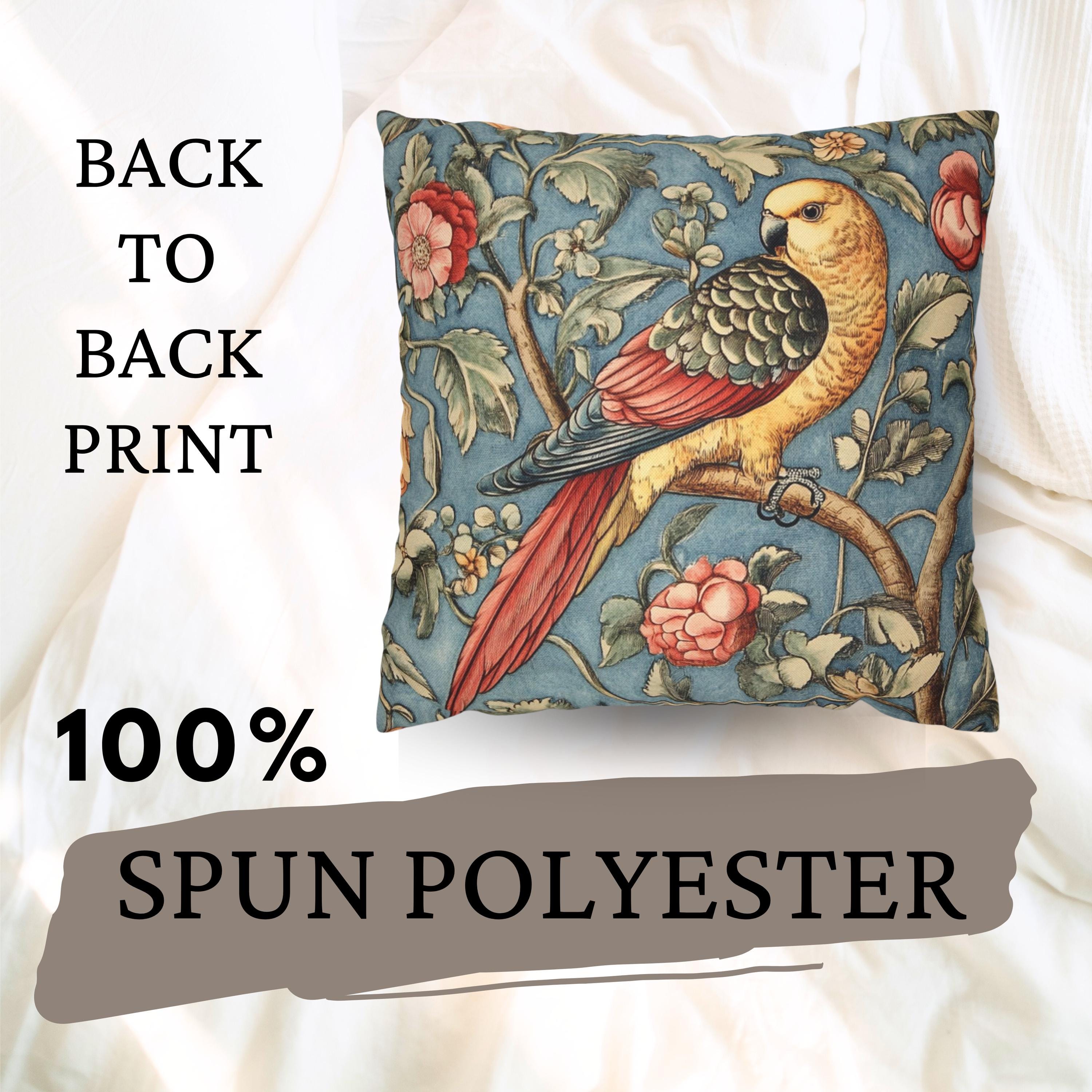 Vintage Parrot Pillow, William Morris Inspired Accent, Botanical Bird Cushion Cover, Whimsical Floral Throw Pillow, Rustic Nature Decor