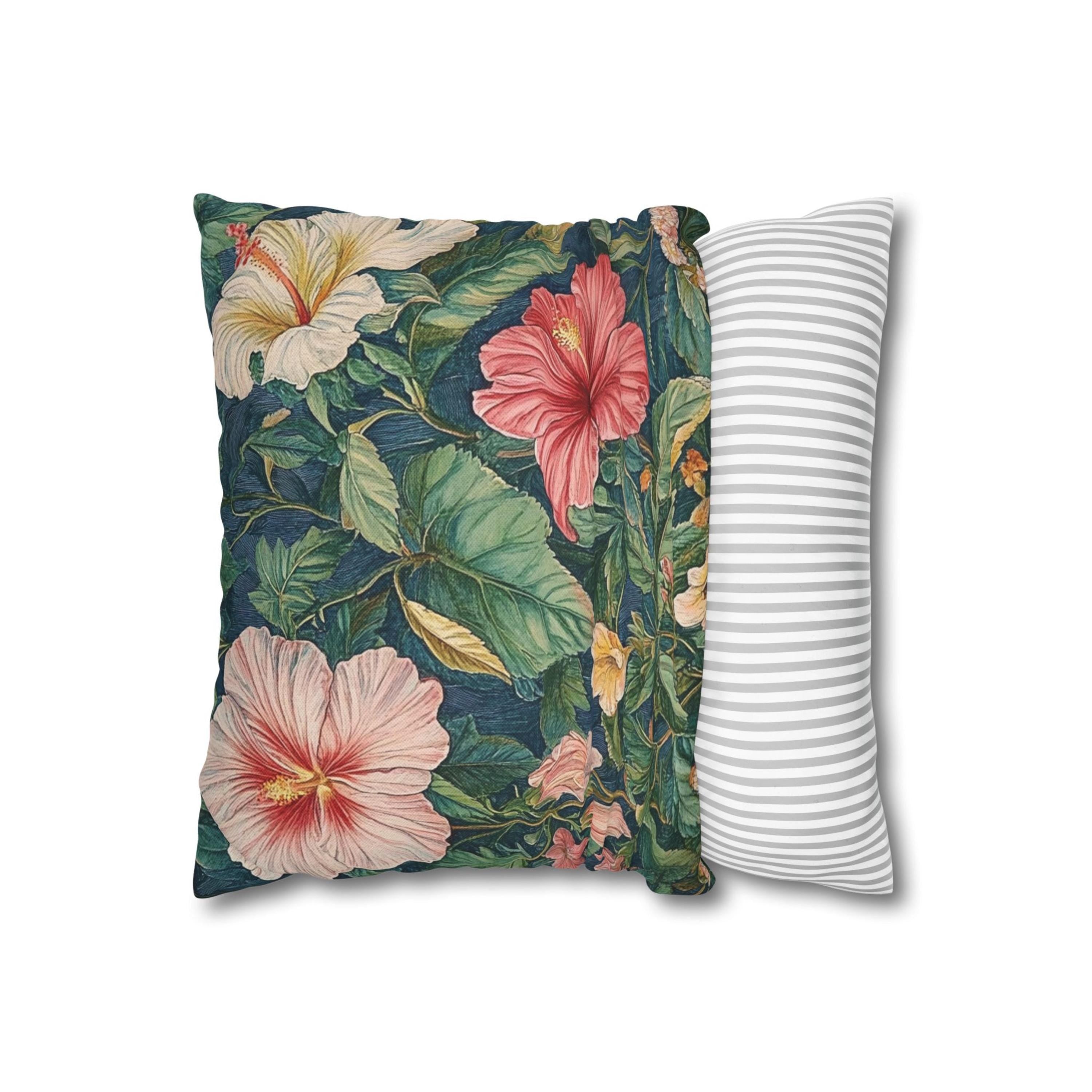 Hibiscus Floral Throw Pillow, William Morris Botanical Cushion, Tropical Garden Pillow, Vintage Inspired Home Decor, Moody Jungle Accent