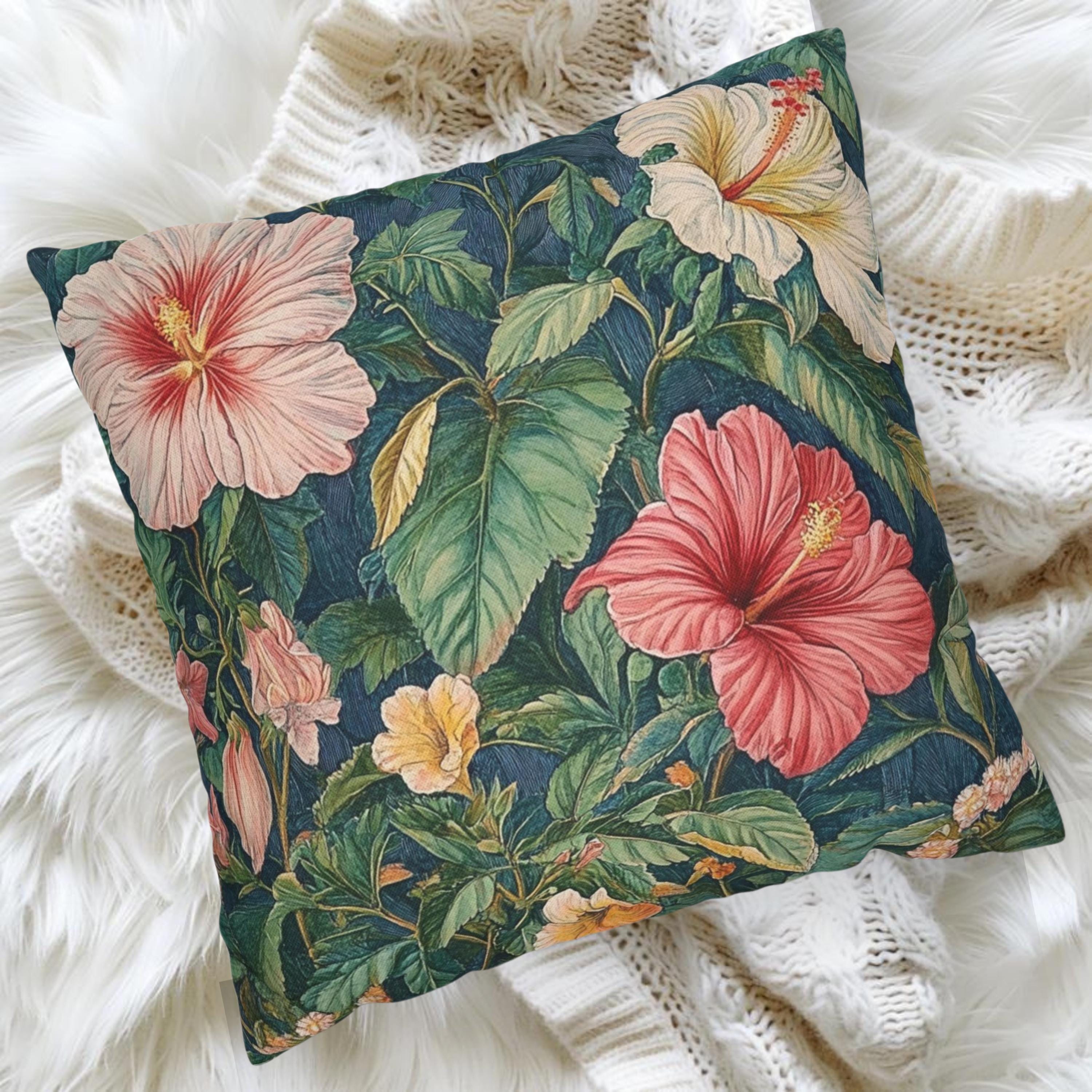 Hibiscus Floral Throw Pillow, William Morris Botanical Cushion, Tropical Garden Pillow, Vintage Inspired Home Decor, Moody Jungle Accent